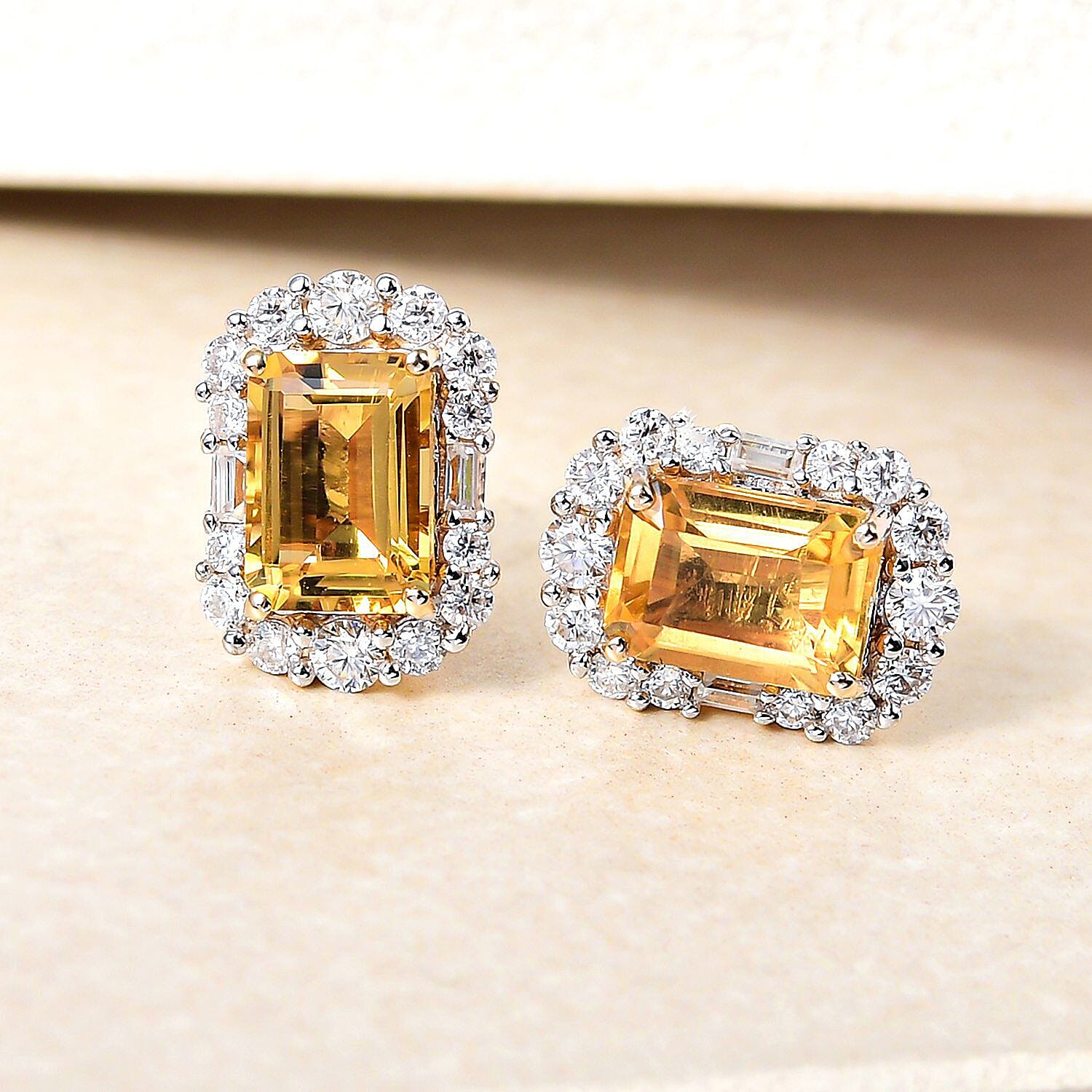 9K Yellow Gold AA Citrine and Moissanite Stud Push Post Halo Earrings 2.33 Ct