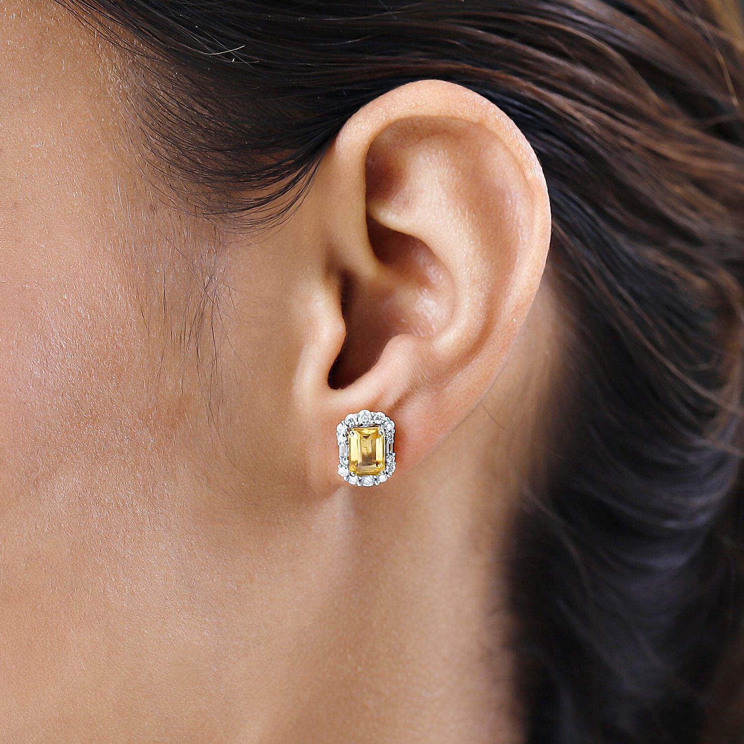 9K Yellow Gold AA Citrine and Moissanite Stud Push Post Halo Earrings 2.33 Ct