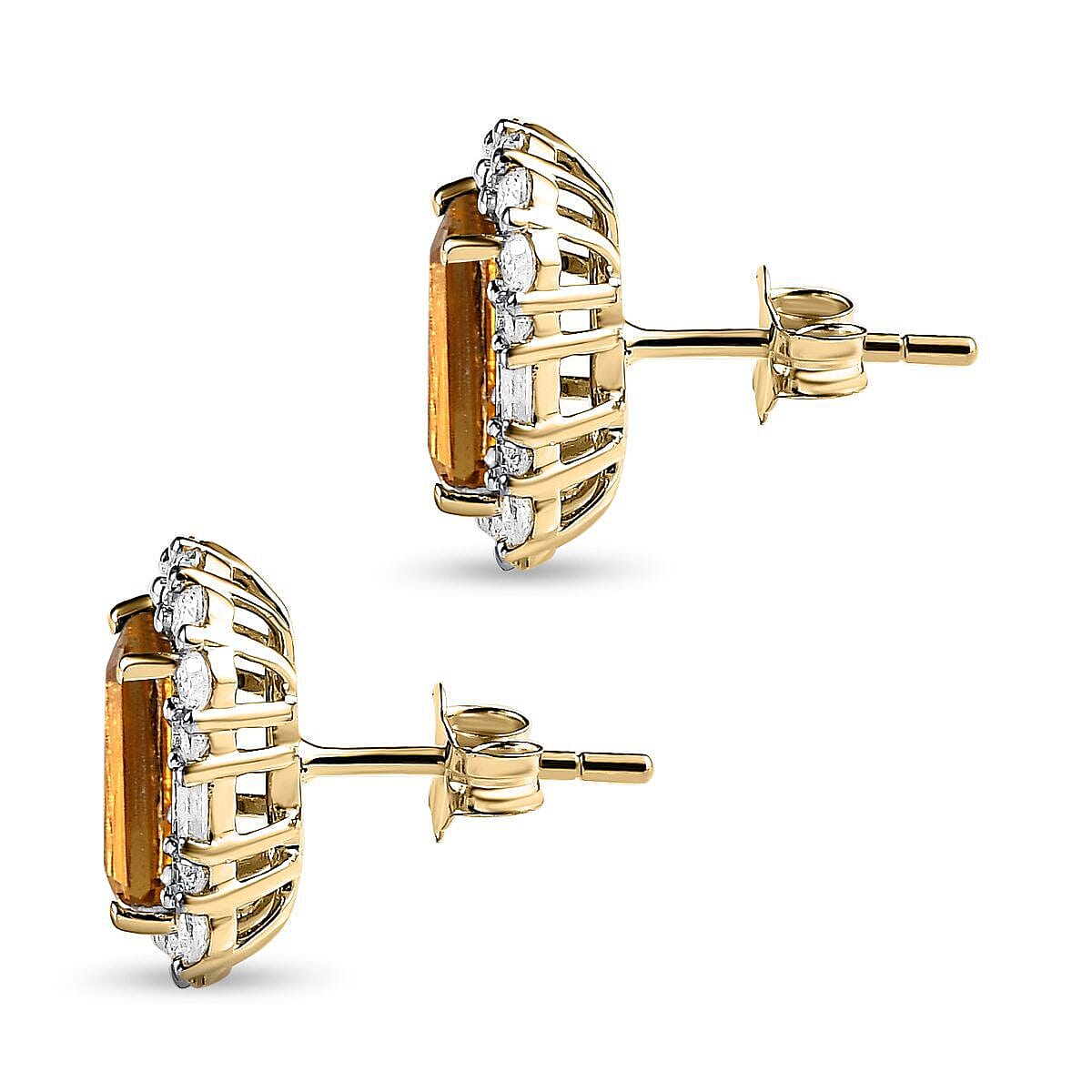9K Yellow Gold AA Citrine and Moissanite Stud Push Post Halo Earrings 2.33 Ct