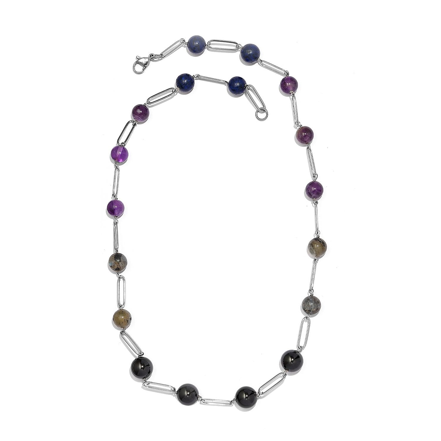 Amethyst, Lapis Lazuli, Labradorite and Boi Ploi Black Spinel Necklace (Size - 20) in Stainless Steel 92.06 Ct.