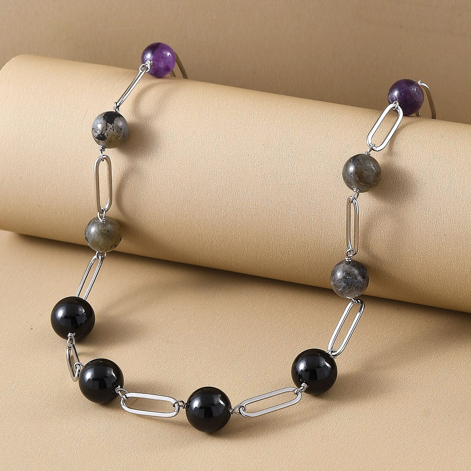 Amethyst, Lapis Lazuli, Labradorite and Boi Ploi Black Spinel Necklace (Size - 20) in Stainless Steel 92.06 Ct.