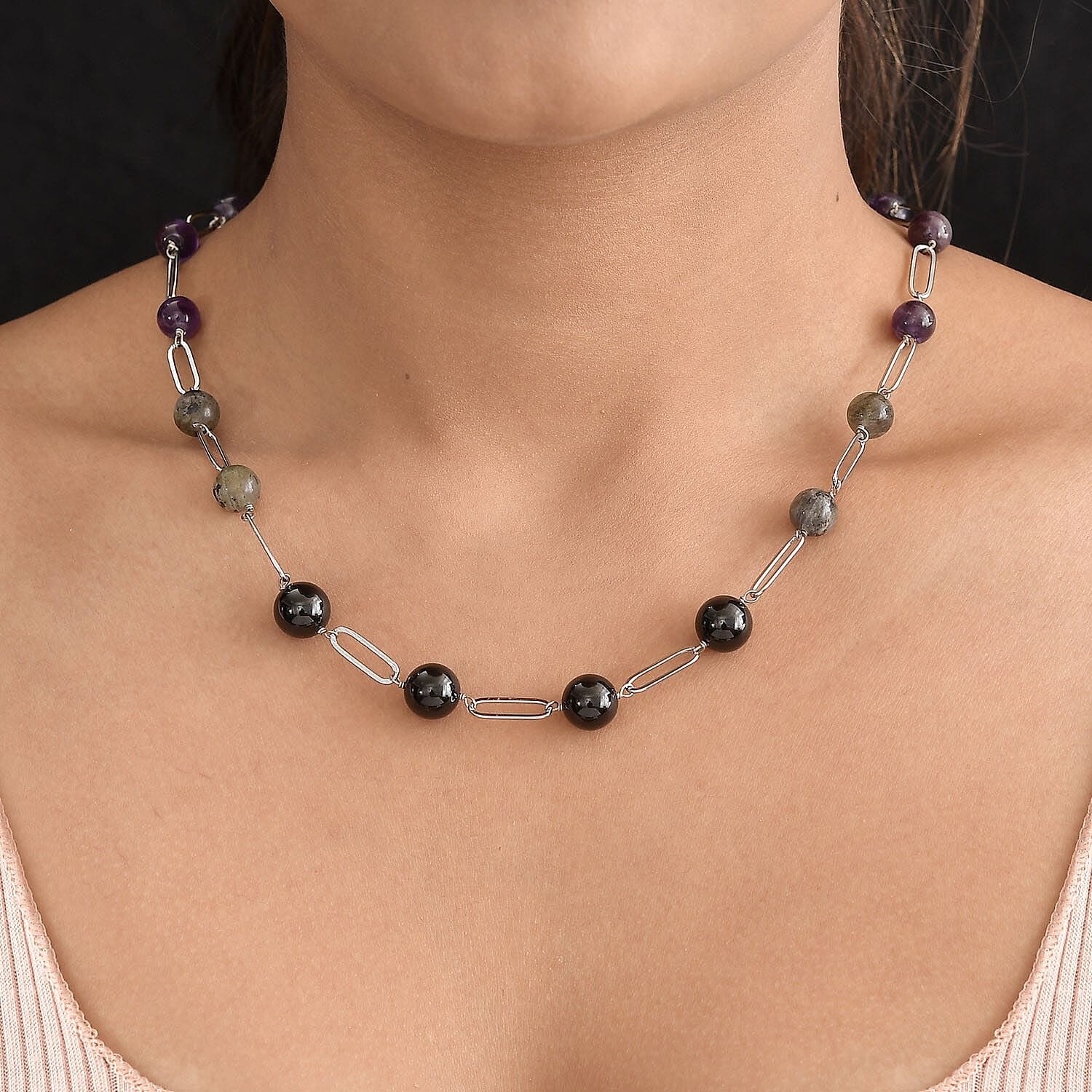 Amethyst, Lapis Lazuli, Labradorite and Boi Ploi Black Spinel Necklace (Size - 20) in Stainless Steel 92.06 Ct.