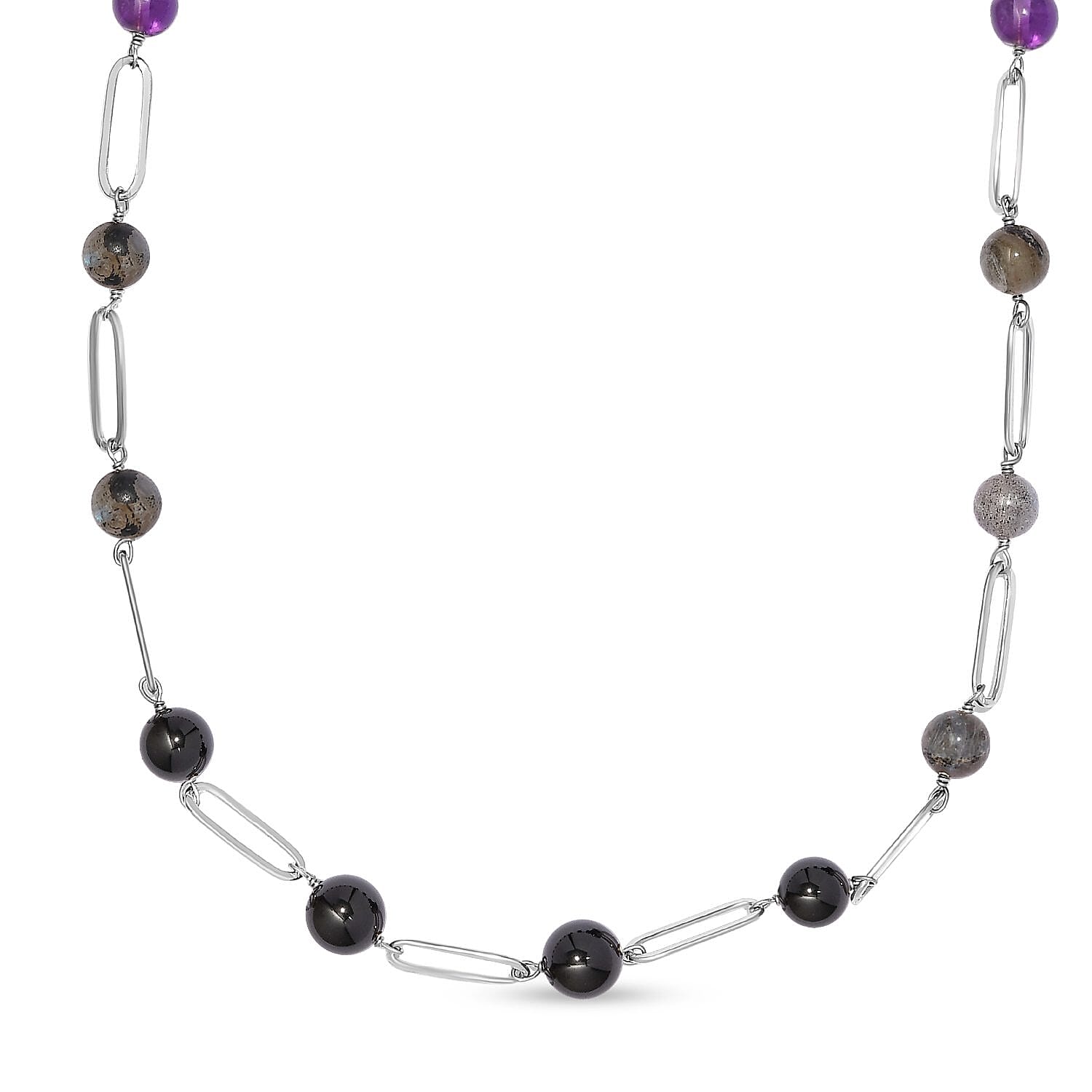 Amethyst, Lapis Lazuli, Labradorite and Boi Ploi Black Spinel Necklace (Size - 20) in Stainless Steel 92.06 Ct.