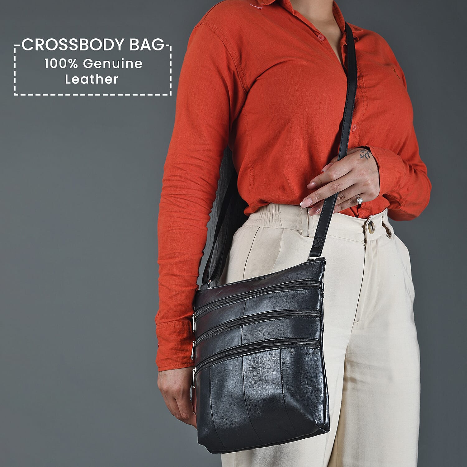 100% Genuine Leather Crossbody Bag with Shoulder Strap (Size 28x25 cm) - Black