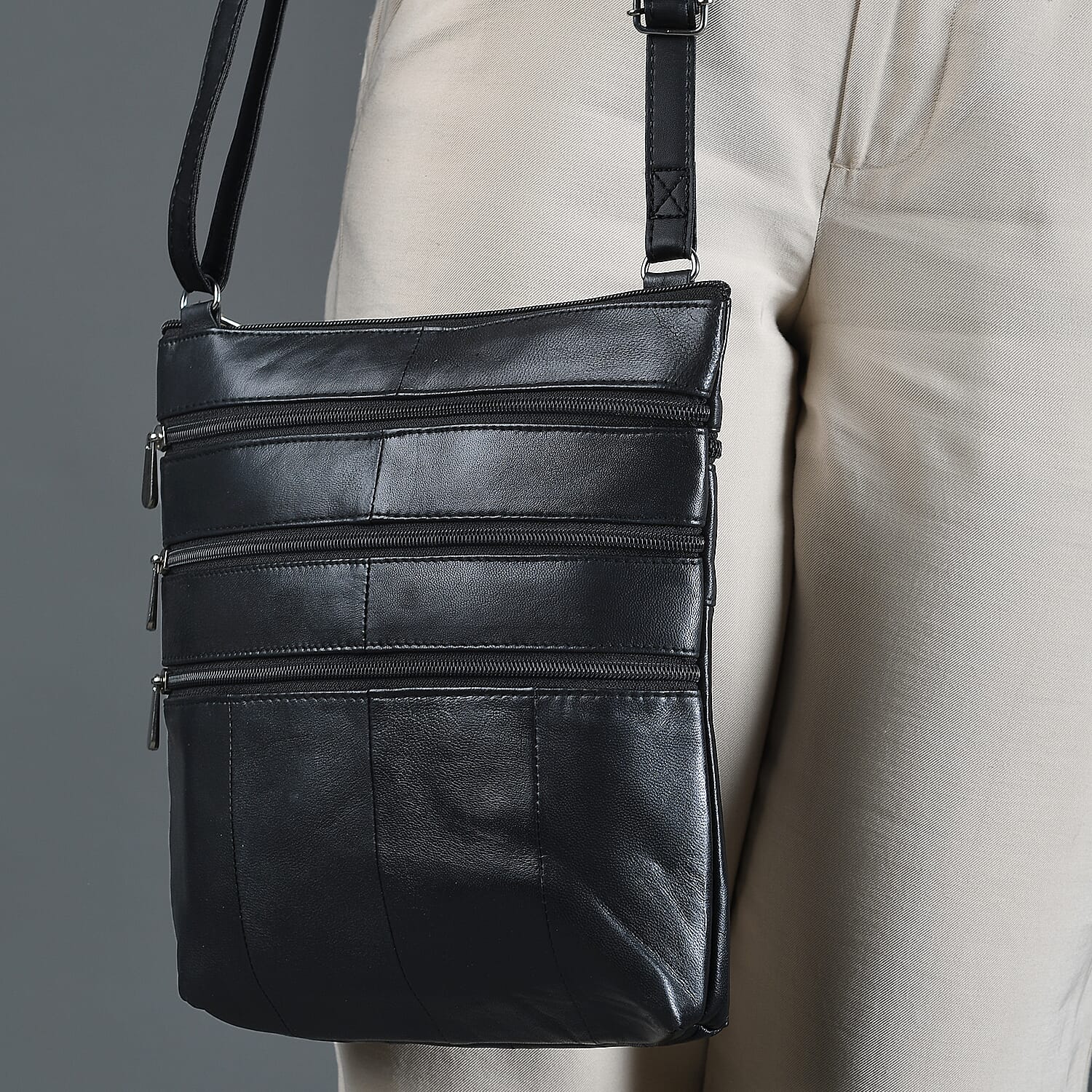 100% Genuine Leather Crossbody Bag with Shoulder Strap (Size 28x25 cm) - Black