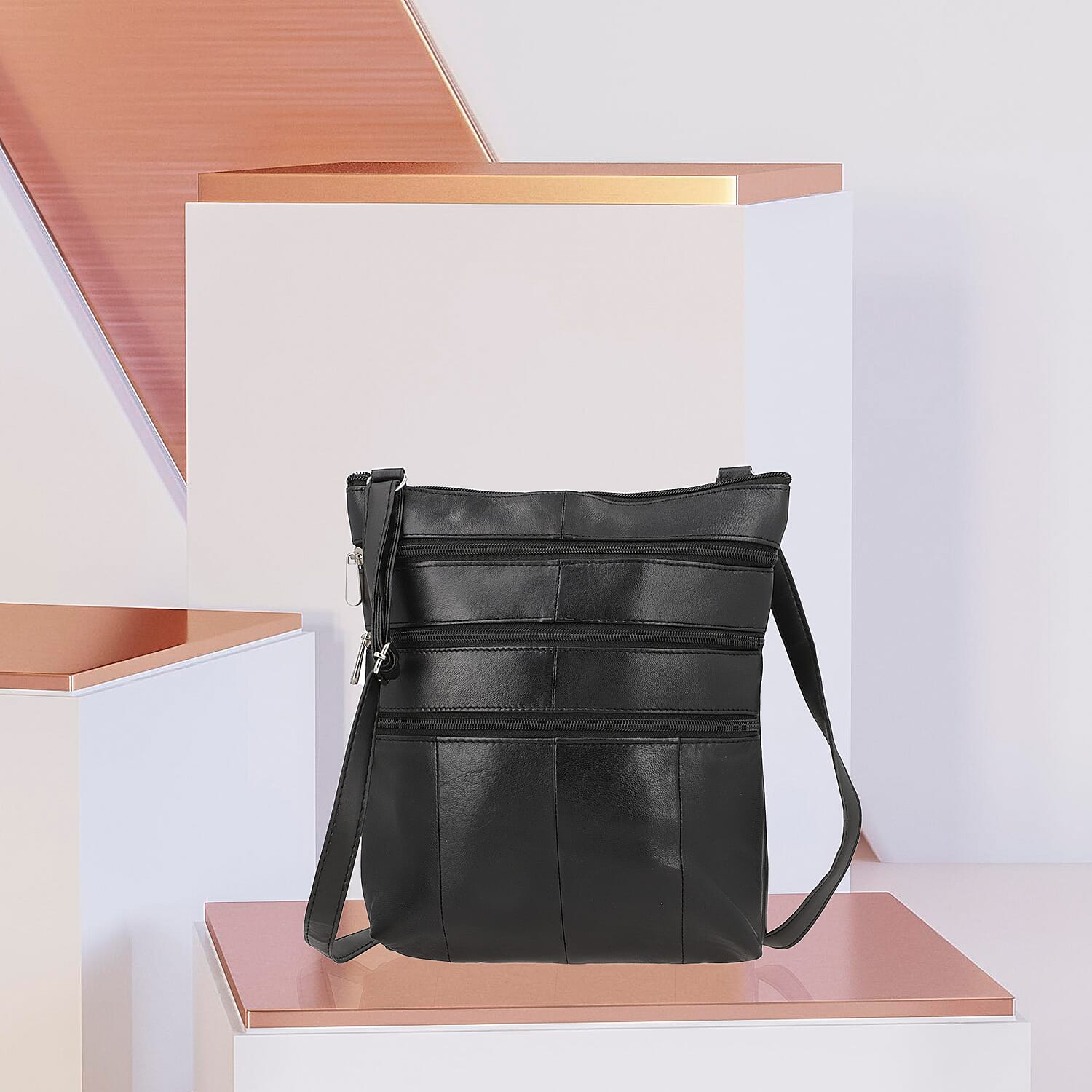 100% Genuine Leather Crossbody Bag with Shoulder Strap (Size 28x25 cm) - Black