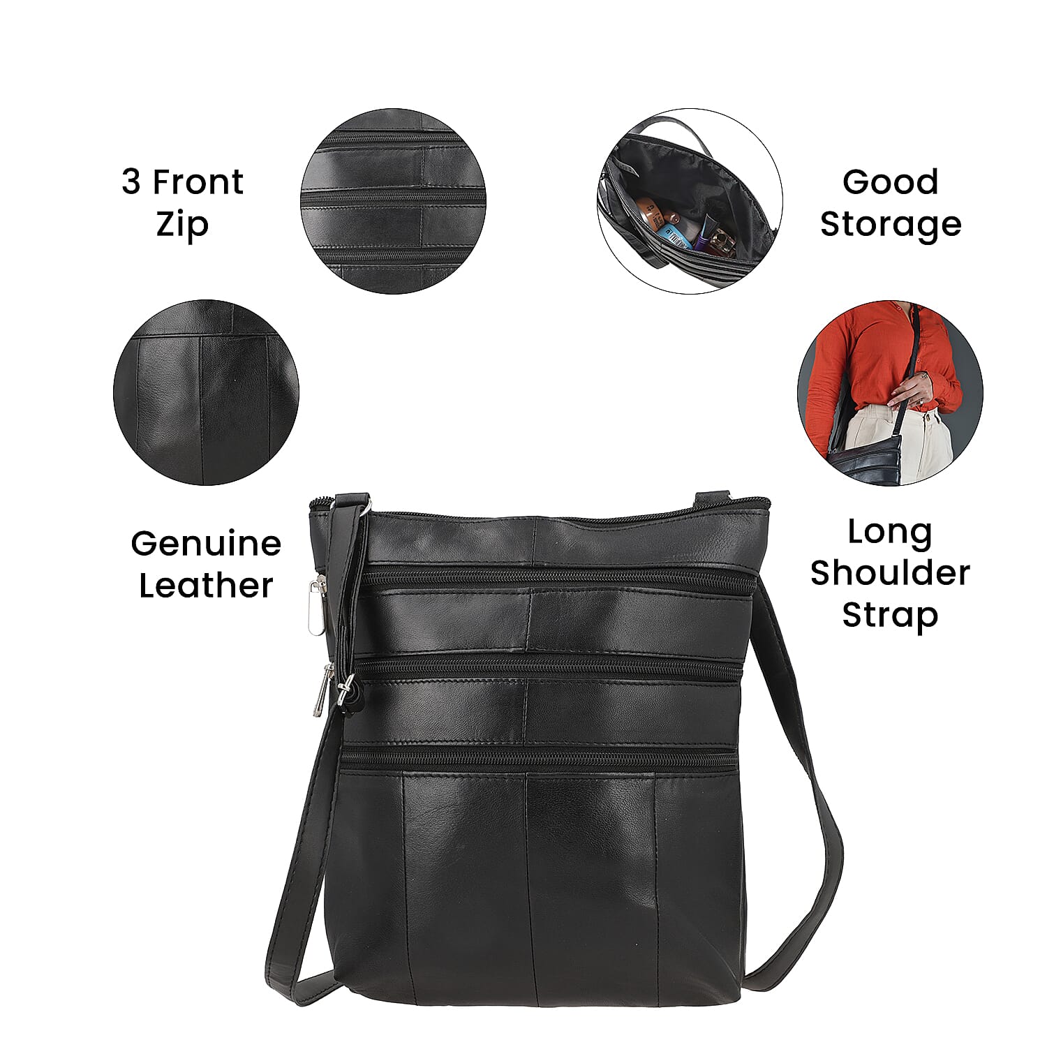 100% Genuine Leather Crossbody Bag with Shoulder Strap (Size 28x25 cm) - Black