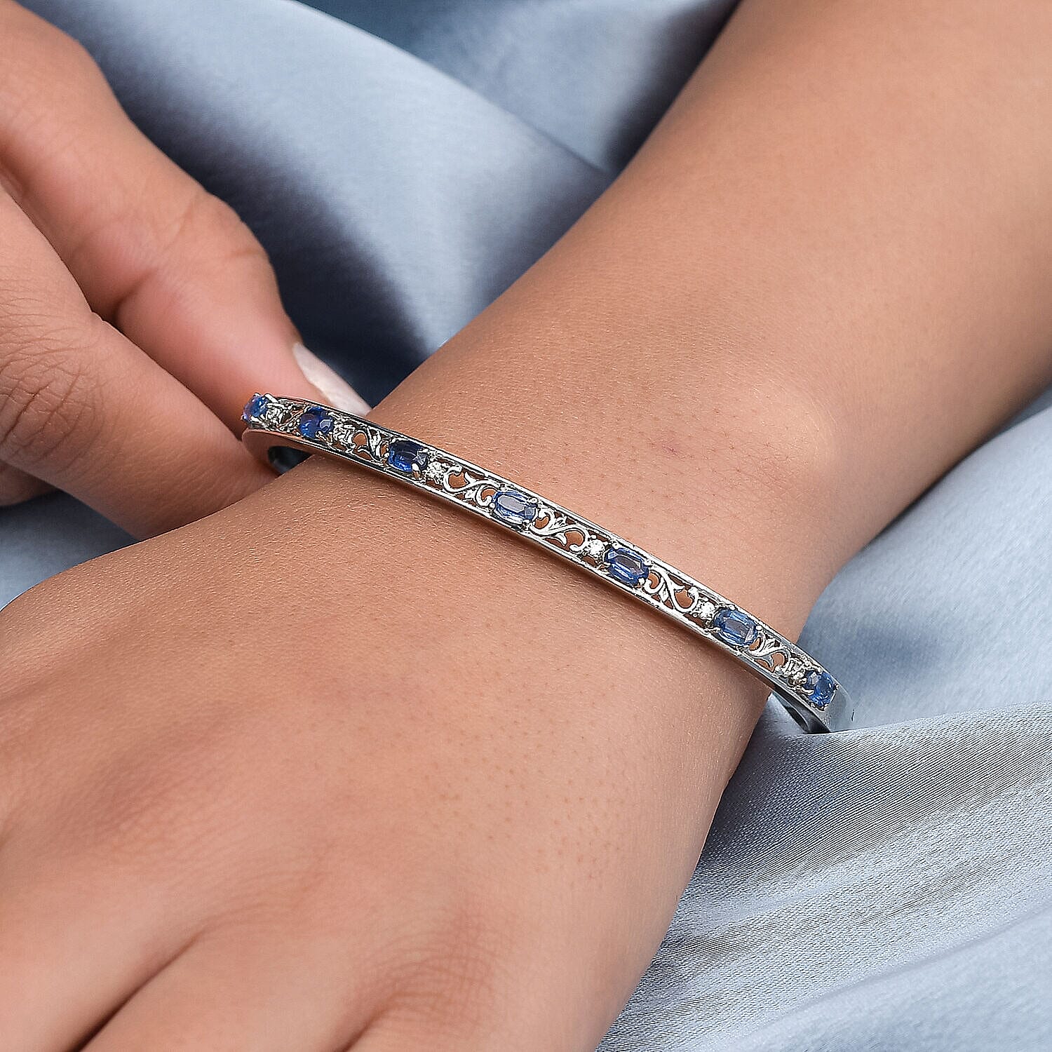 Kyanite & Natural Zircon Bangle (Size 7.5) in Stainless Steel