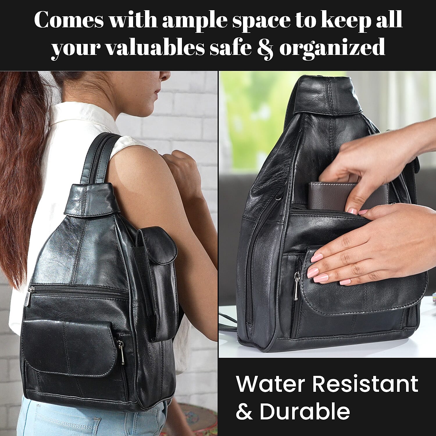 100% Genuine Leather Solid Backpack with Adjustable Shoulder Strap (Size 27x22x9 cm) - Black