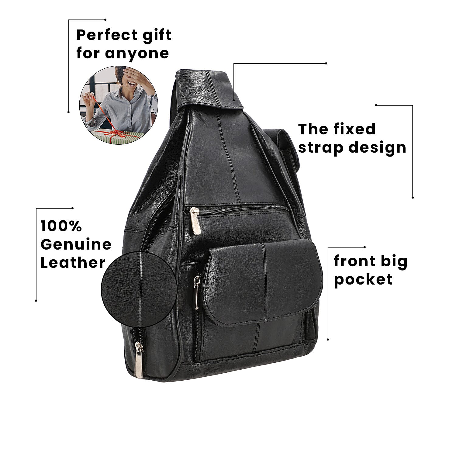 100% Genuine Leather Solid Backpack with Adjustable Shoulder Strap (Size 27x22x9 cm) - Black