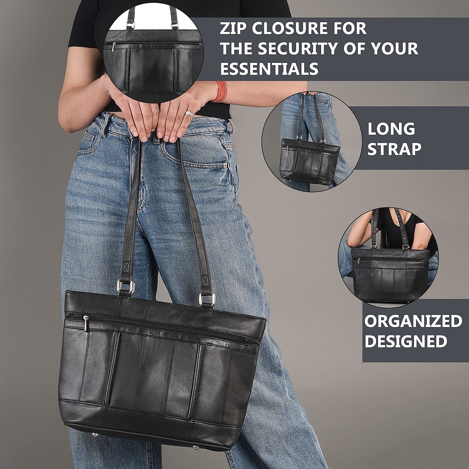 100% Genuine Leather Quilted Tote Bag with Drop Handle  - Black