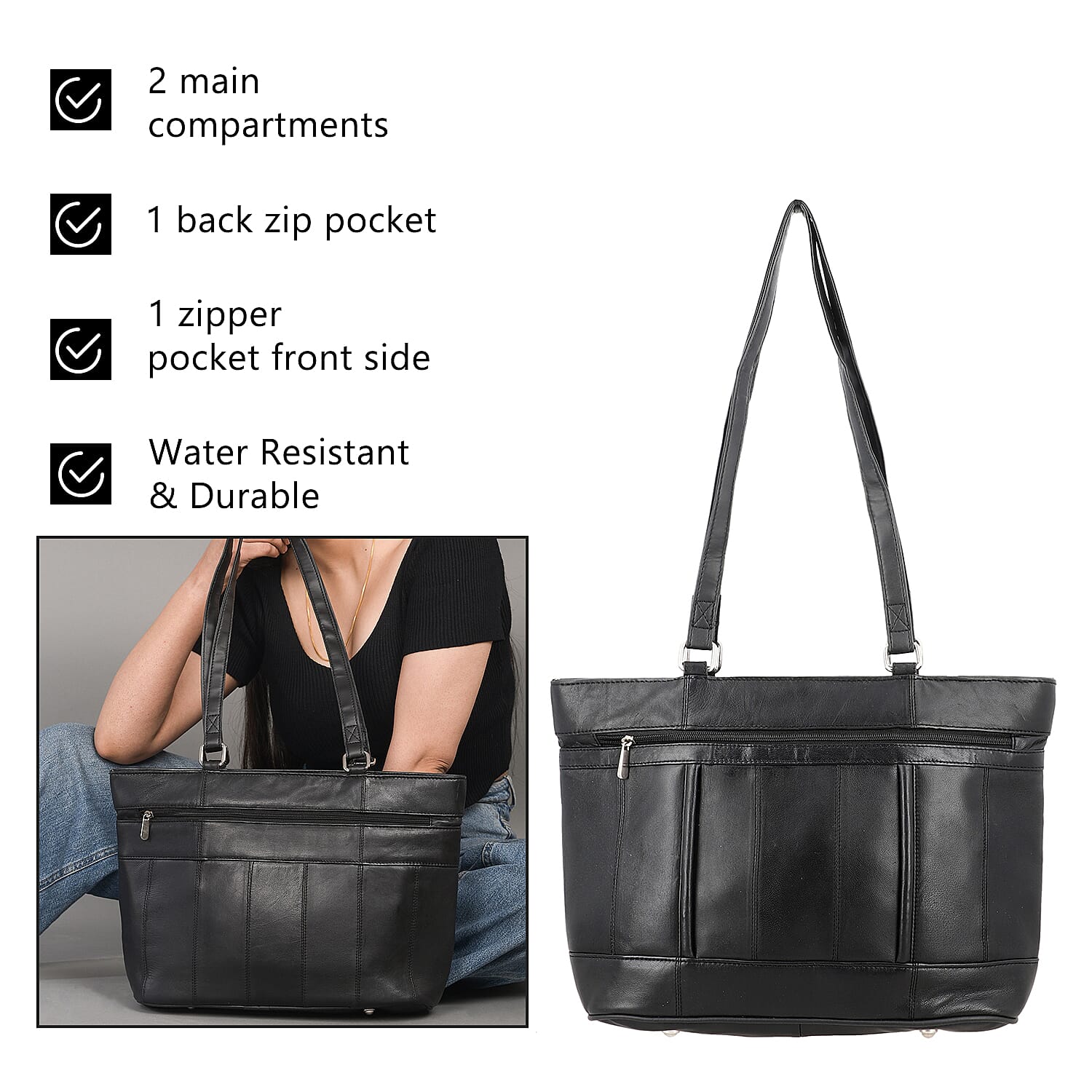 100% Genuine Leather Quilted Tote Bag with Drop Handle  - Black