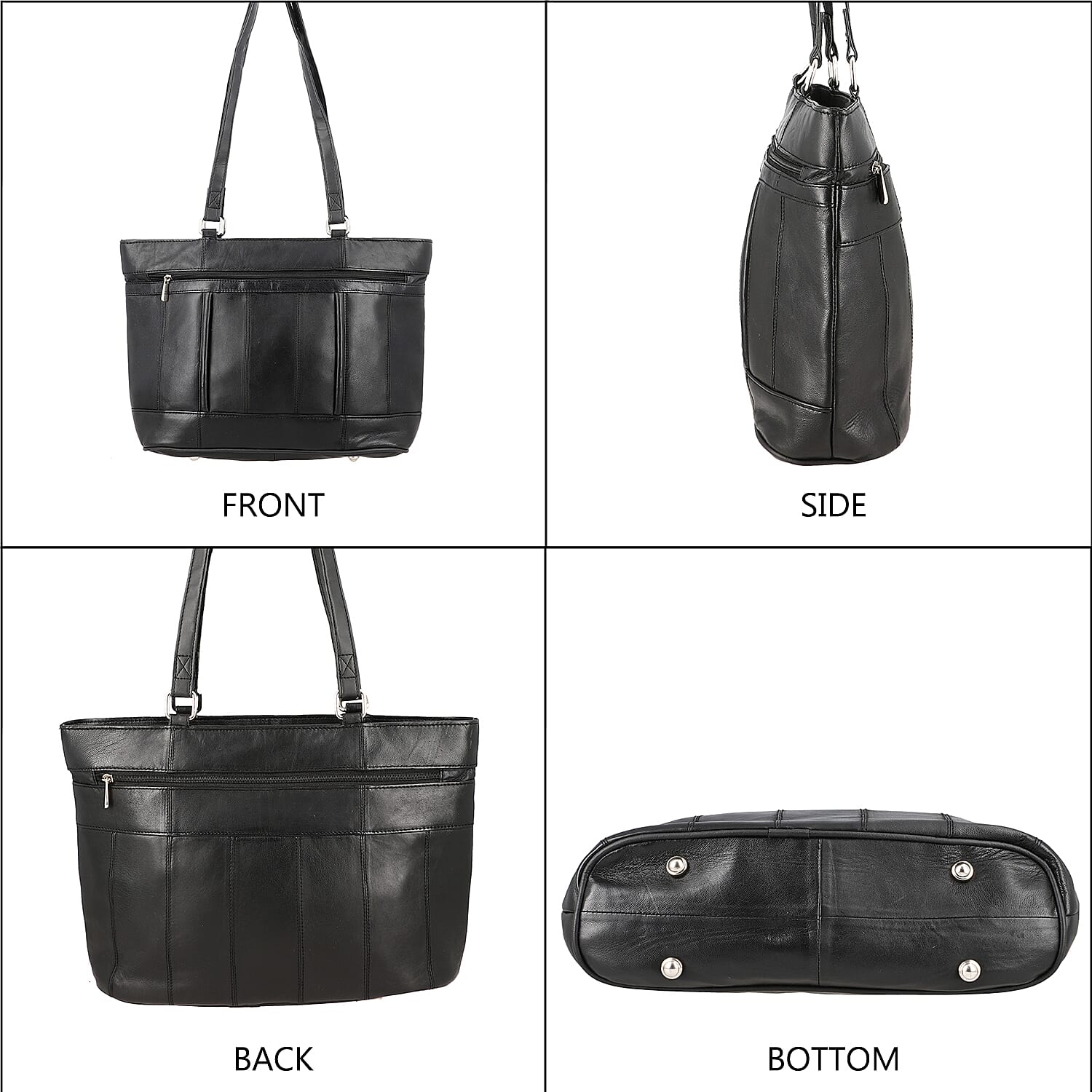 100% Genuine Leather Quilted Tote Bag with Drop Handle  - Black