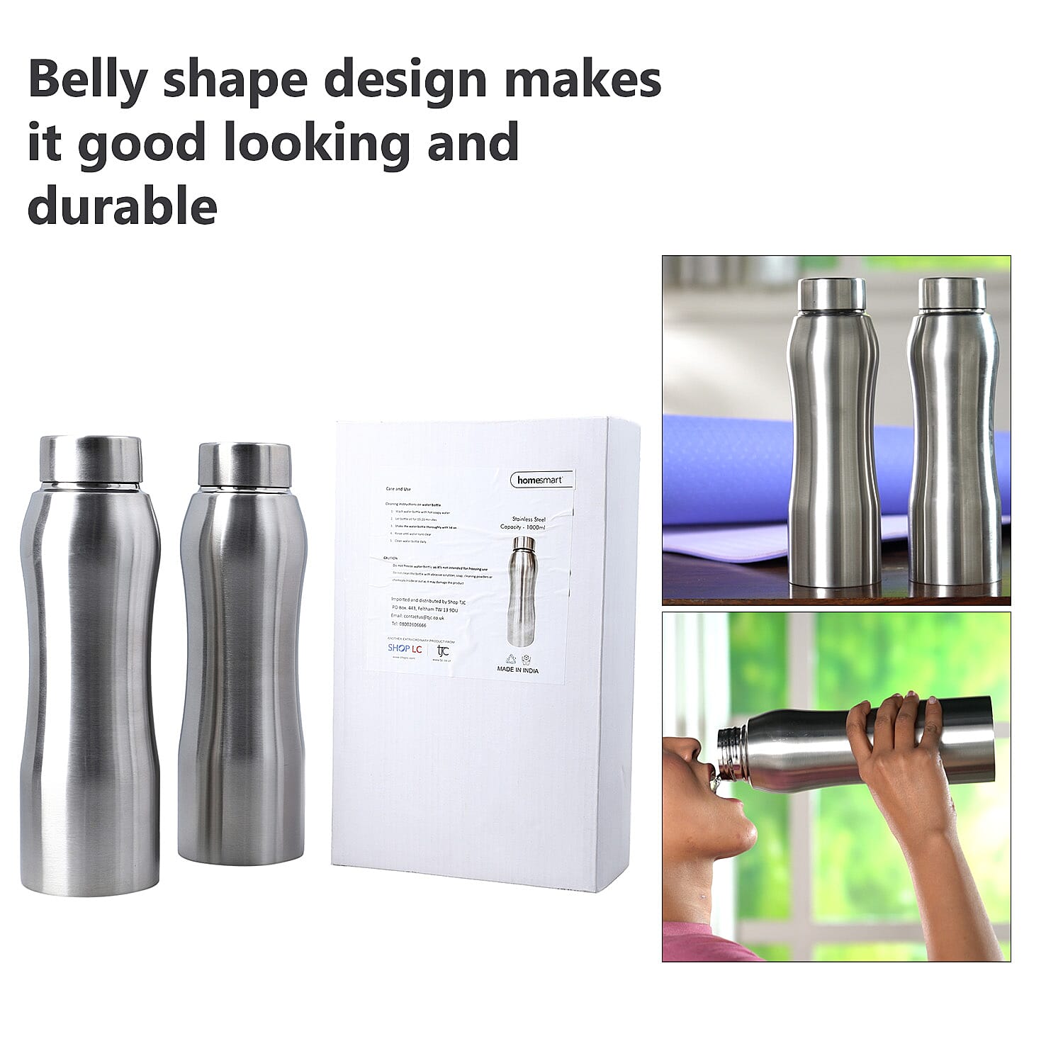 Set of 2 - Steel Water Bottle (500ml Each) - Silver