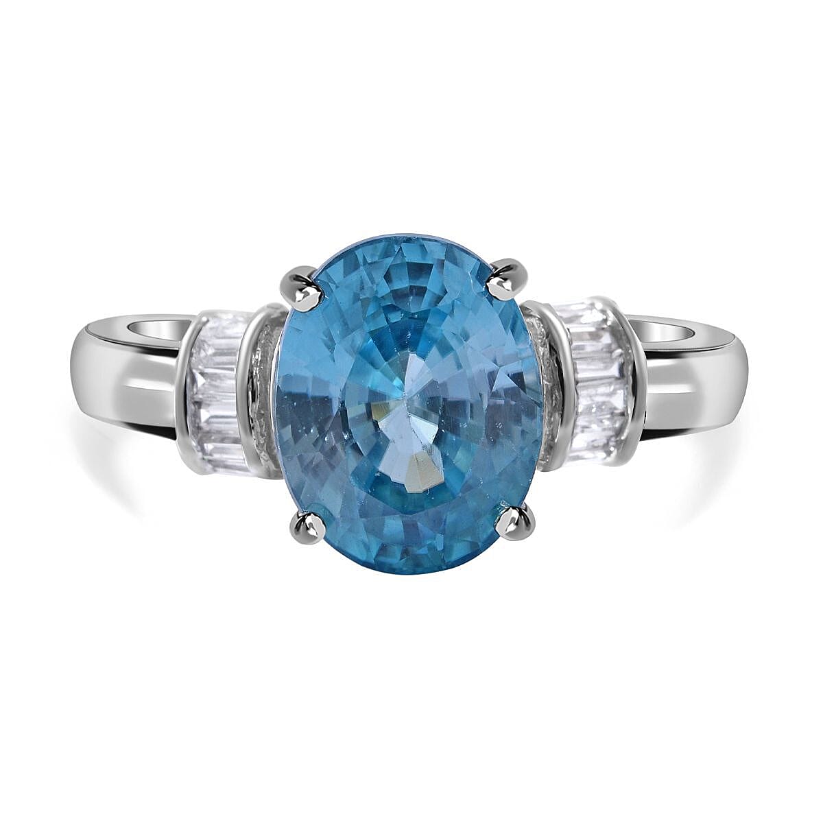 9K White Gold Glenstones AAA Ratanakiri Blue Zircon and Natural Zircon Ring 4.50 Ct