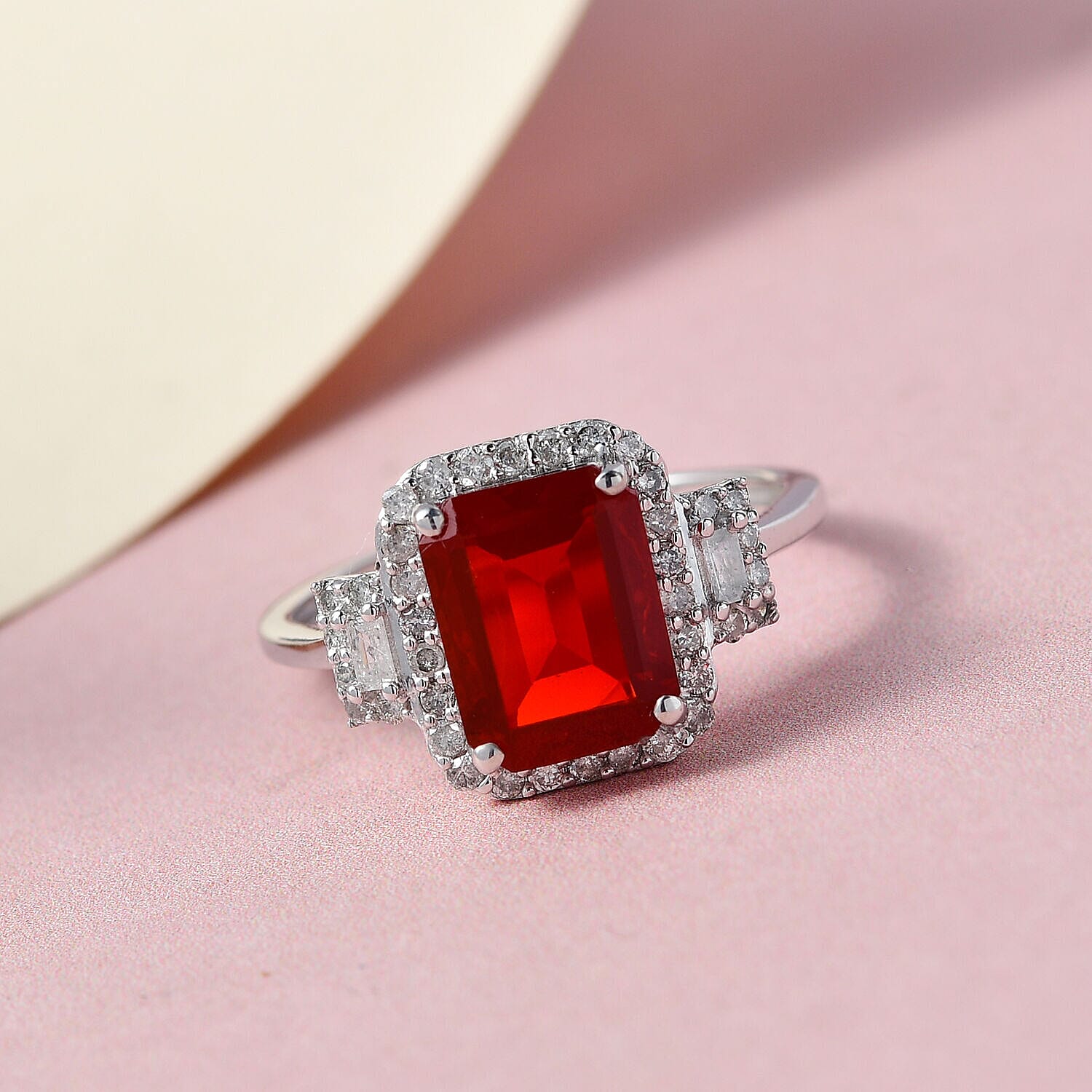 9K White Gold Crimson Fire Opal and Diamond Ring 2.03 Ct.
