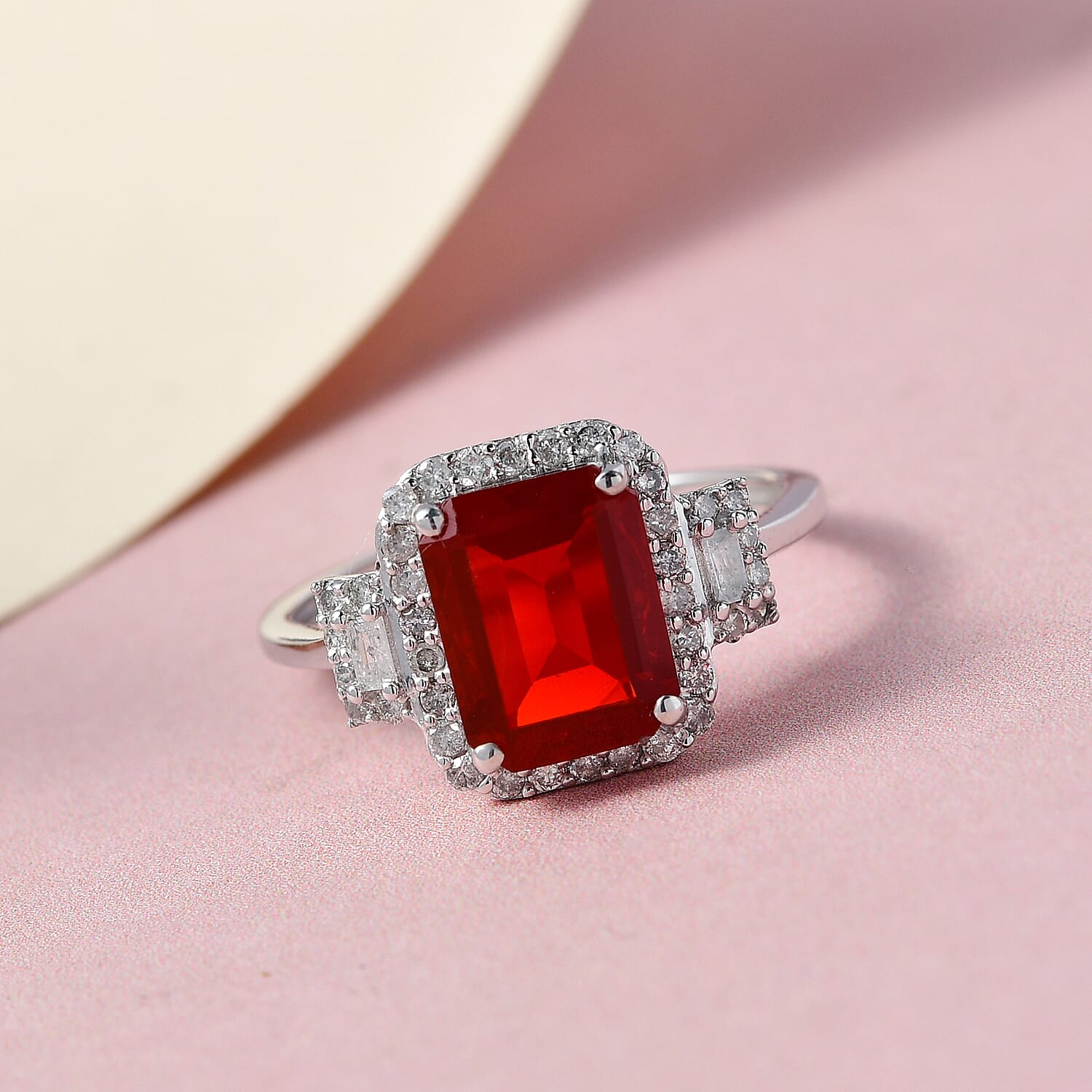 9K White Gold Crimson Fire Opal and Diamond Ring 2.03 Ct.