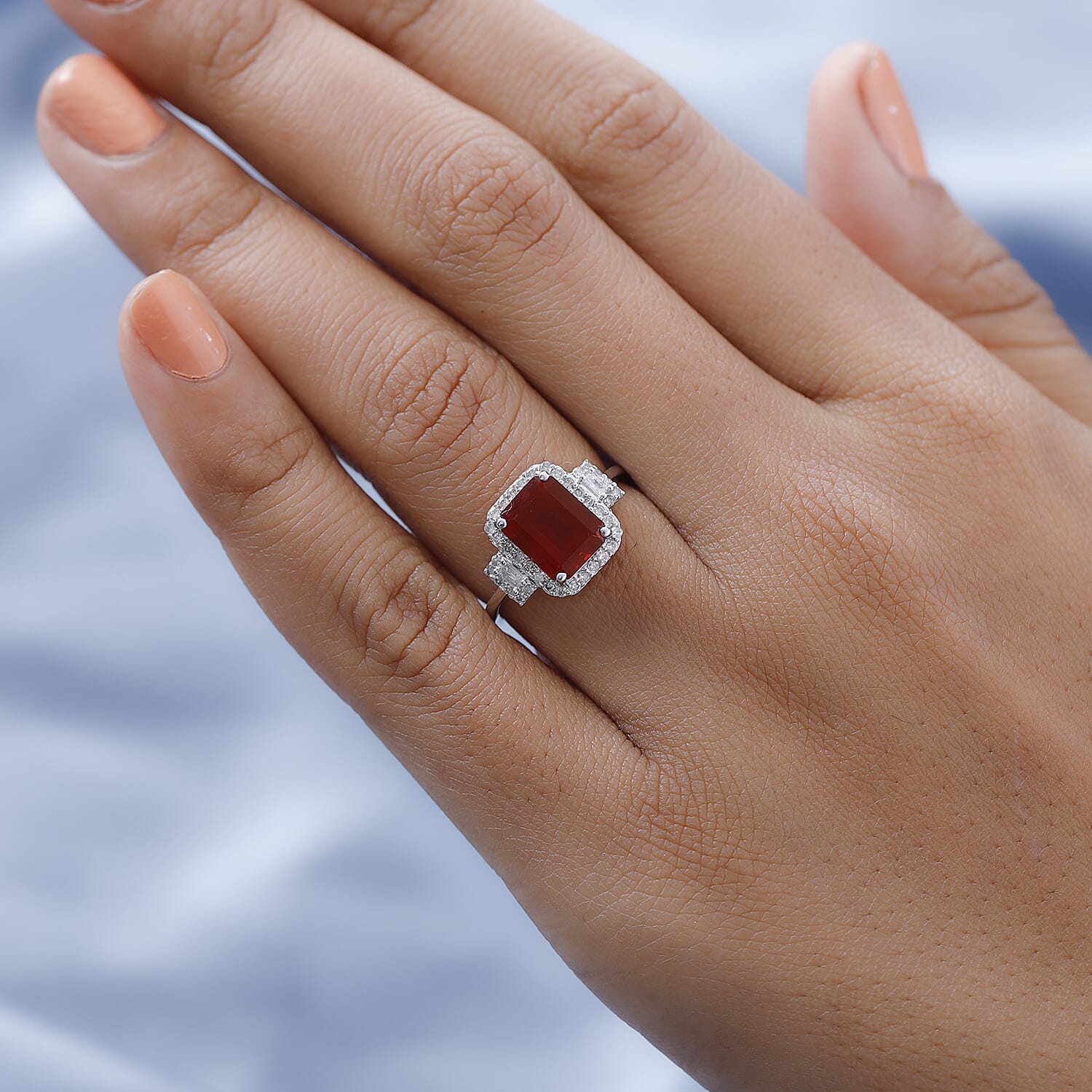 9K White Gold Crimson Fire Opal and Diamond Ring 2.03 Ct.