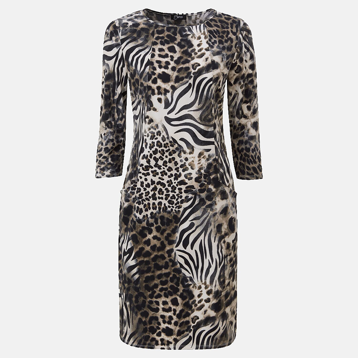 Emreco Animal Pattern Midi Dress with Two Functional Front Pockets and 3qtr Sleeves (Size 12) - Beige