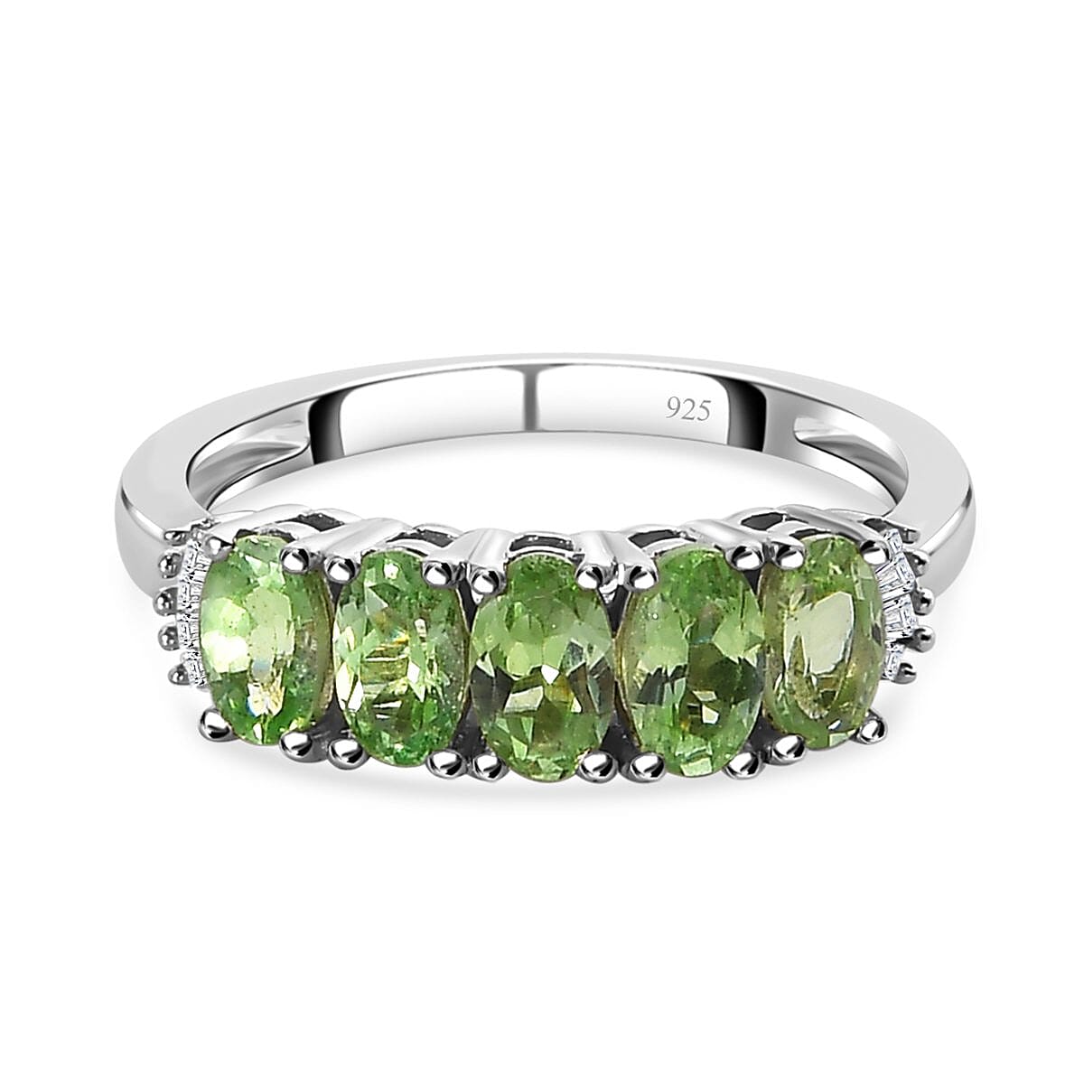 Tsavorite Garnet and Diamond 5 Stone Ring in Platinum Overlay Sterling Silver 1.34 Ct.