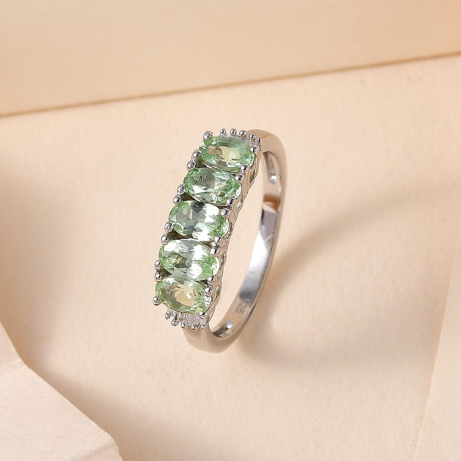 Tsavorite Garnet and Diamond 5 Stone Ring in Platinum Overlay Sterling Silver 1.34 Ct.