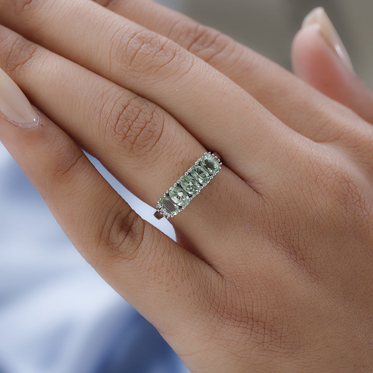 Tsavorite Garnet and Diamond 5 Stone Ring in Platinum Overlay Sterling Silver 1.34 Ct.