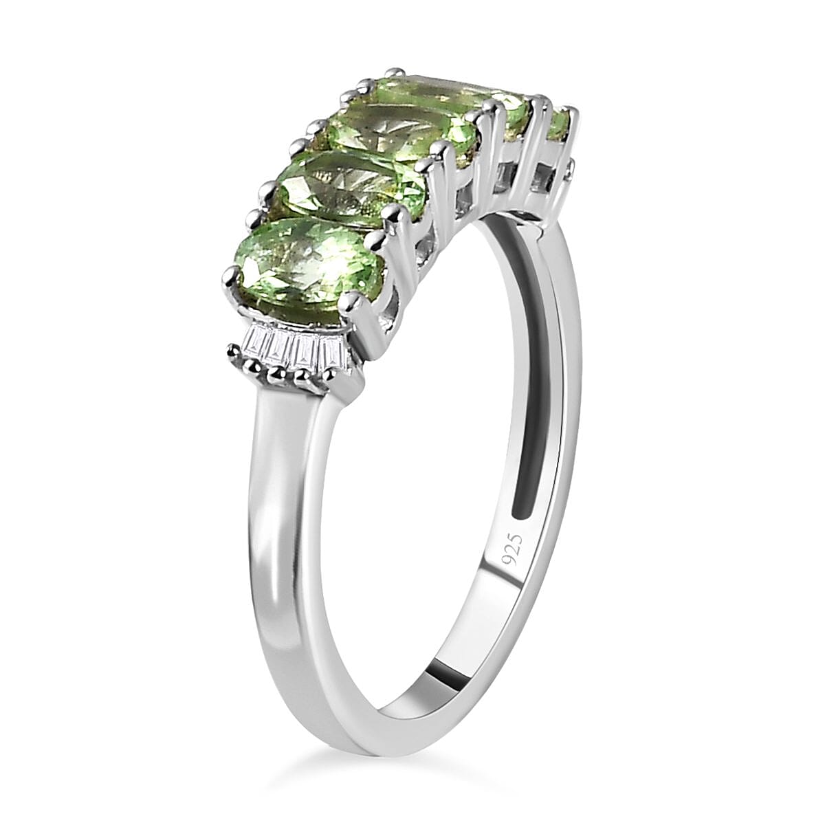 Tsavorite Garnet and Diamond 5 Stone Ring in Platinum Overlay Sterling Silver 1.34 Ct.