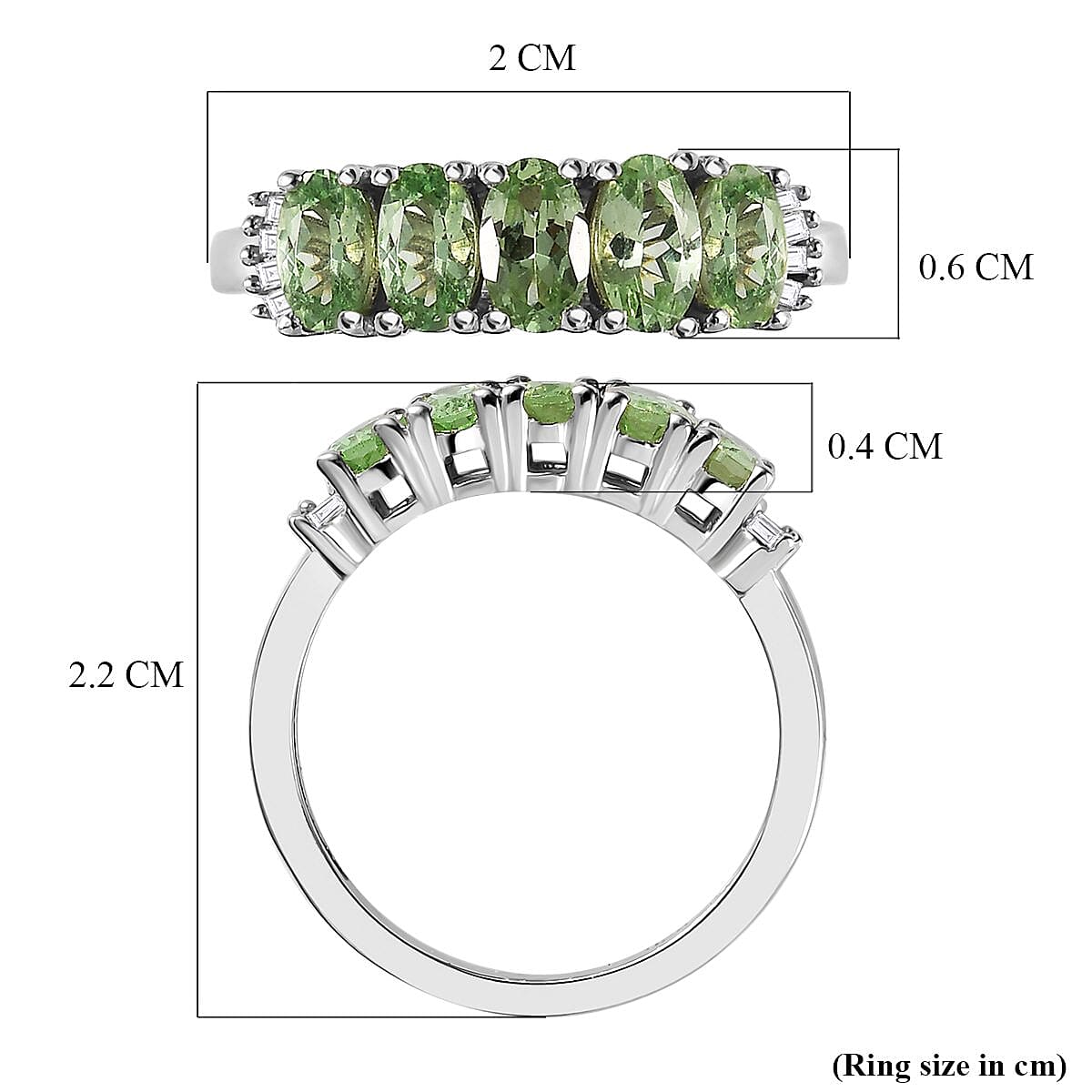 Tsavorite Garnet and Diamond 5 Stone Ring in Platinum Overlay Sterling Silver 1.34 Ct.