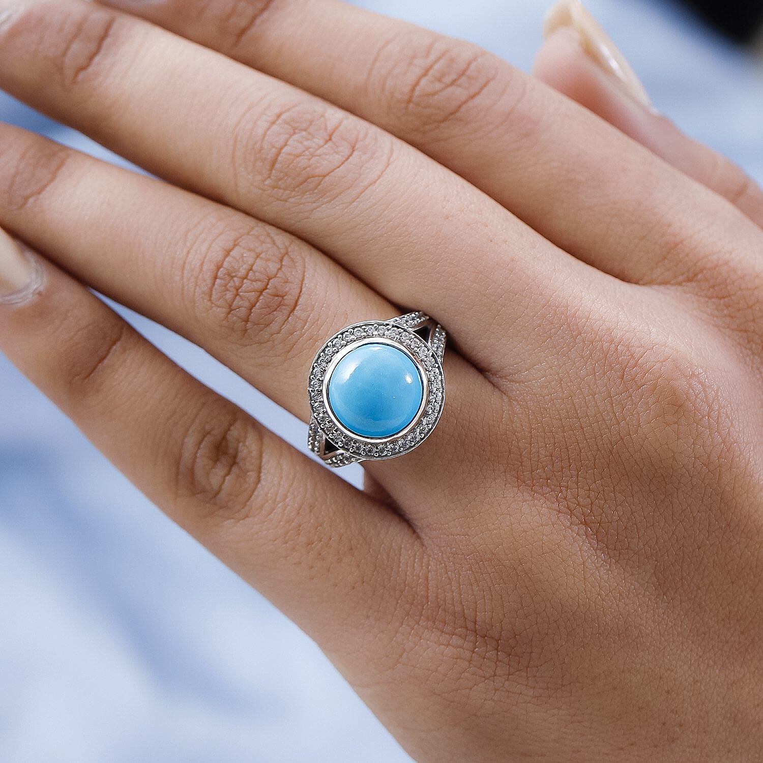 Arizona Sleeping Beauty Turquoise and Natural Zircon Ring in Platinum Overlay Sterling Silver 4.83 Ct.