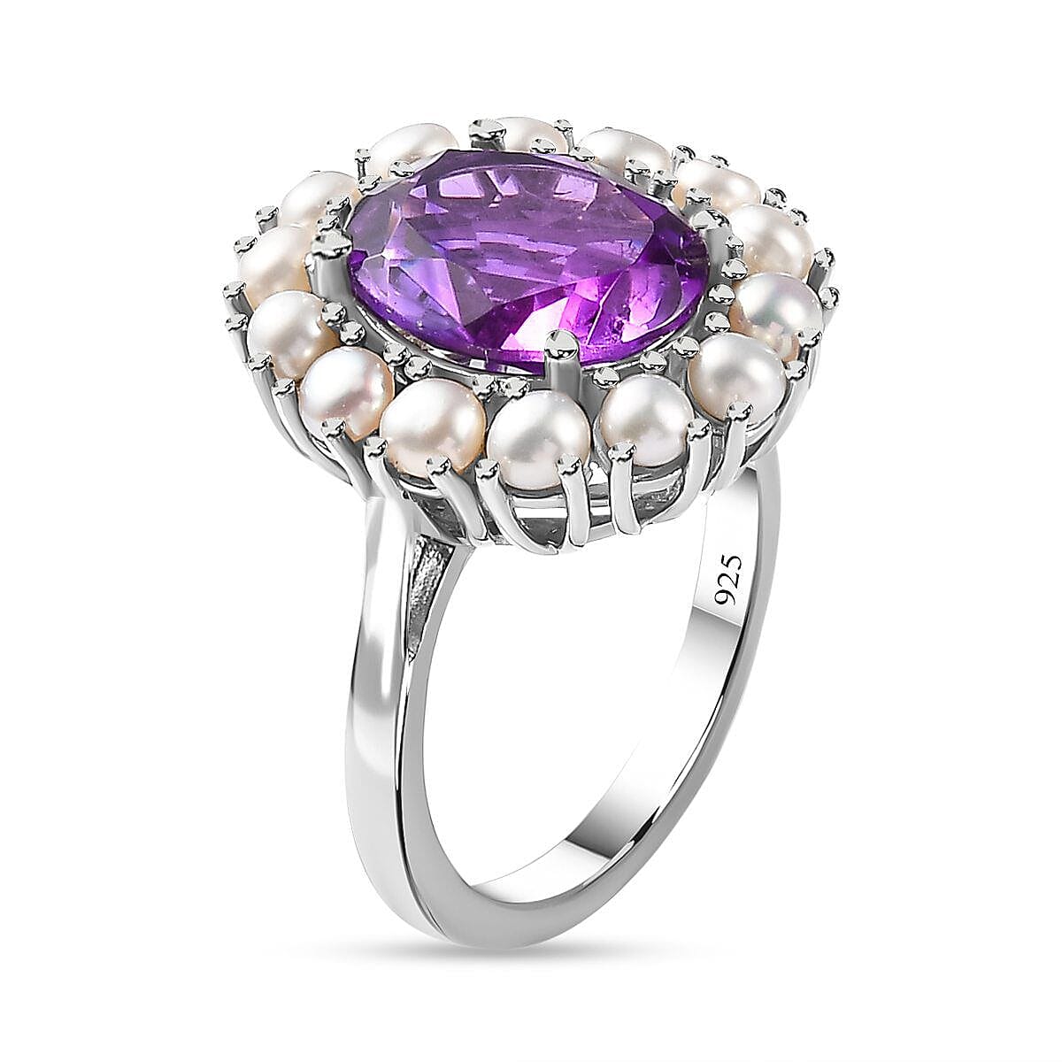 Victorian Style Amethyst and Fresh Water Pearl Ring in Platinum Overlay Sterling Silver 6.29 Ct.