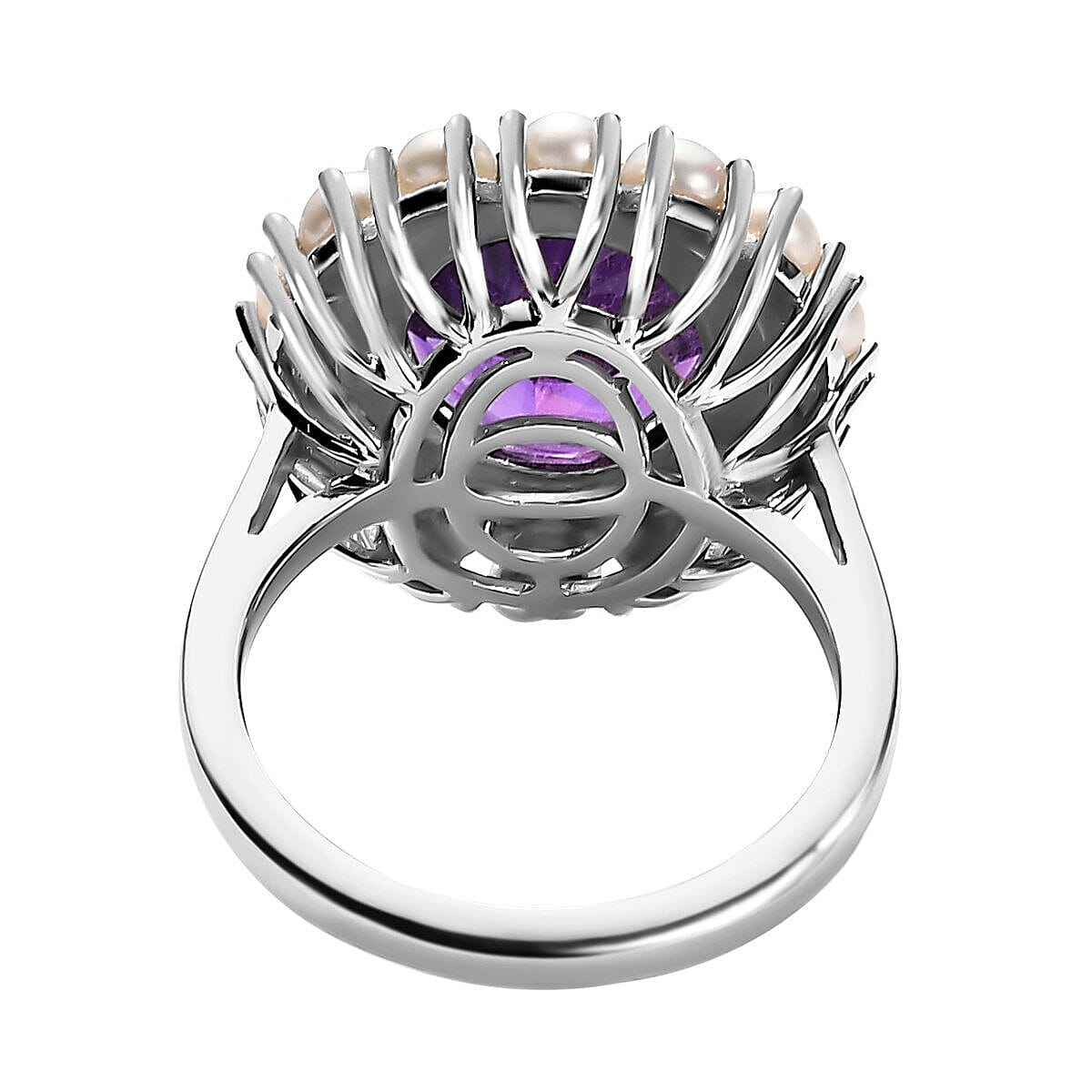 Victorian Style Amethyst and Fresh Water Pearl Ring in Platinum Overlay Sterling Silver 6.29 Ct.