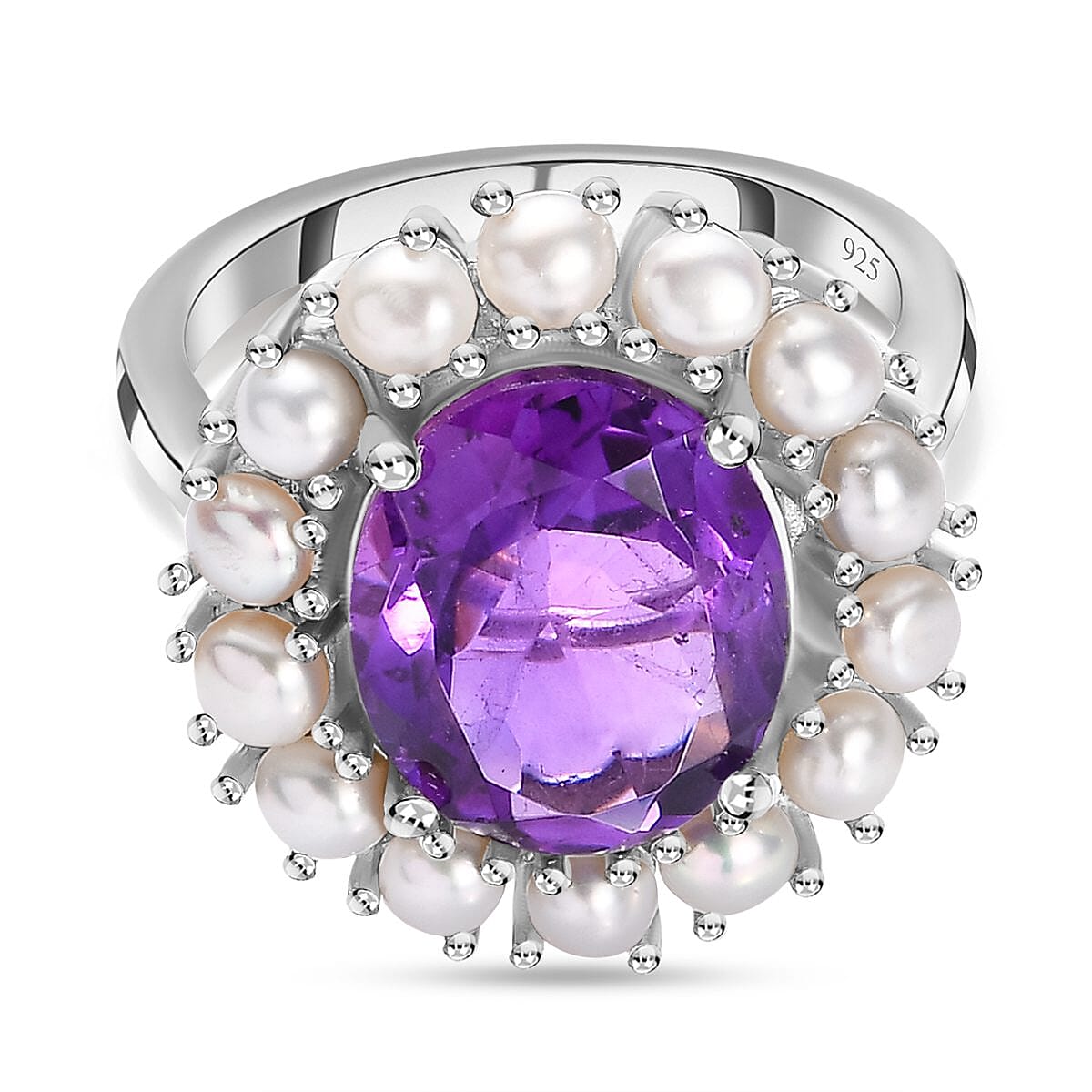 Victorian Style Amethyst and Fresh Water Pearl Ring in Platinum Overlay Sterling Silver 6.29 Ct.