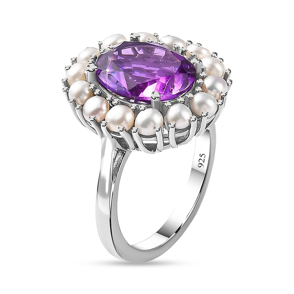 Victorian Style Amethyst and Fresh Water Pearl Ring in Platinum Overlay Sterling Silver 6.29 Ct.