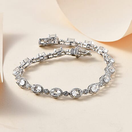 Hyalite Opal and Natural Zircon Bracelet (Size - 7.5) with GB Lock Box in Platinum Overlay Sterling Silver 6.30 Ct, Silver Wt 9.72 Gms