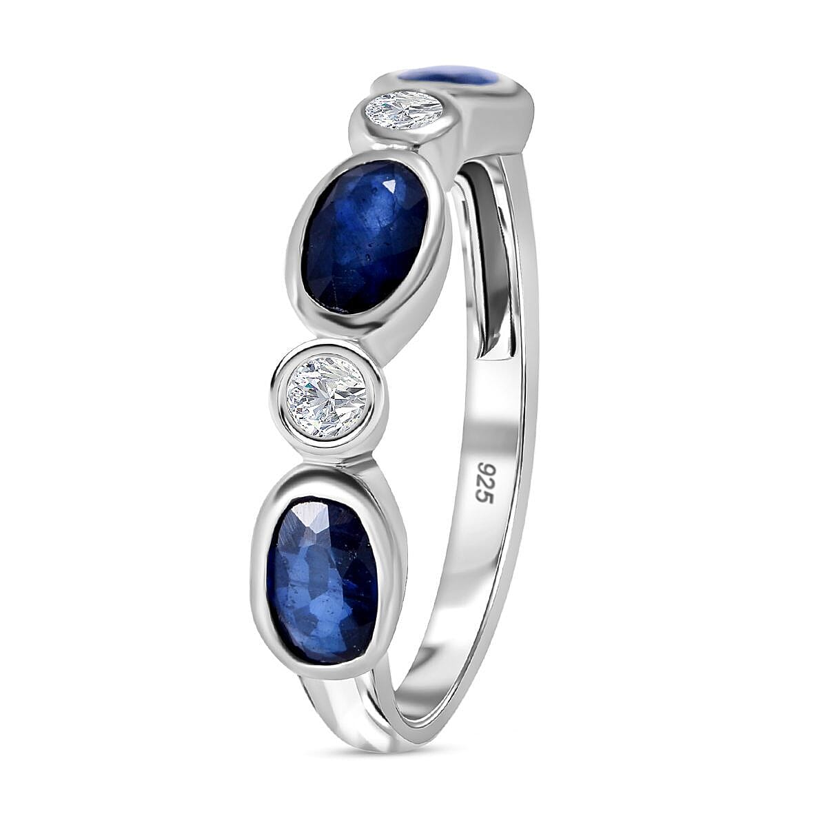 Mosoala Blue Sapphire and Natural Zircon 5 Stone Ring in Rhodium Overlay Sterling Silver 1.95 Ct