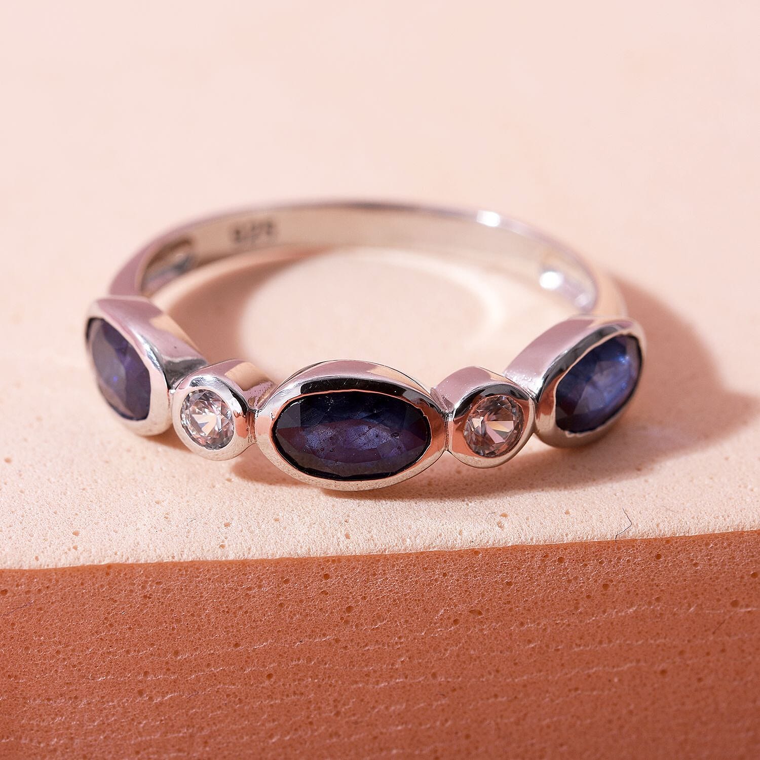 Mosoala Blue Sapphire and Natural Zircon 5 Stone Ring in Rhodium Overlay Sterling Silver 1.95 Ct