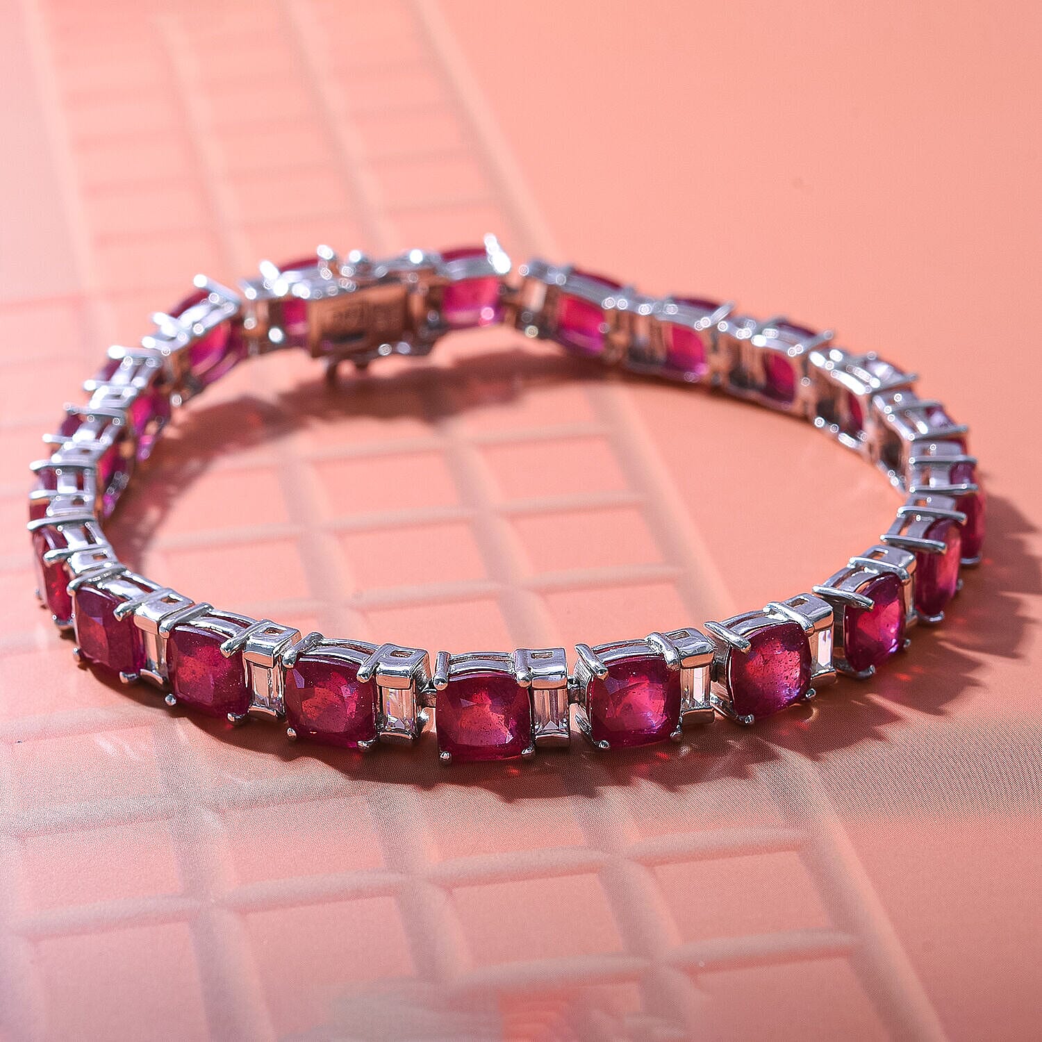 Cabo Delgado Ruby (CS 32.50 Cts) and Natural Zircon Tennis Bracelet (Size - 7.5) in Sterling Silver 36.29 Ct.
