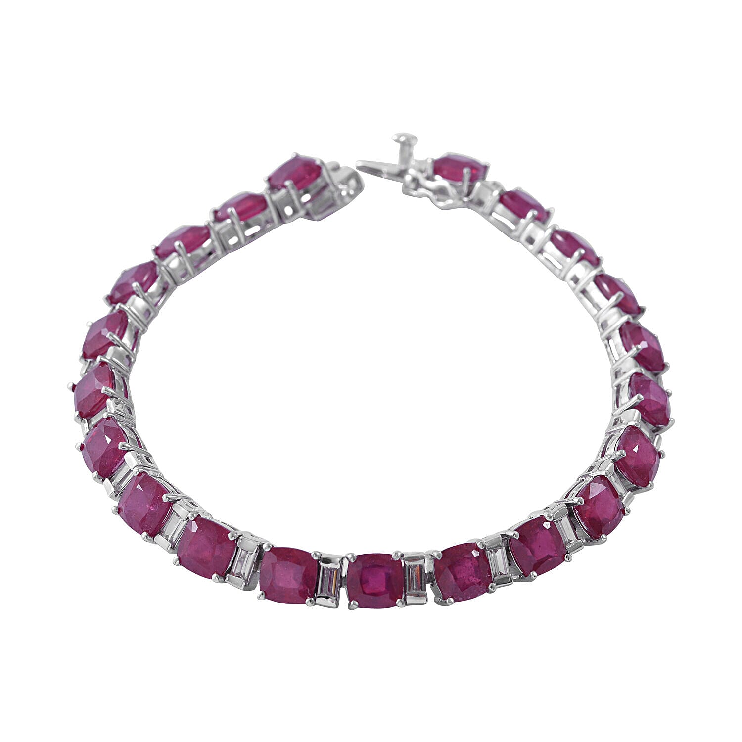 Cabo Delgado Ruby (CS 32.50 Cts) and Natural Zircon Tennis Bracelet (Size - 7.5) in Sterling Silver 36.29 Ct.