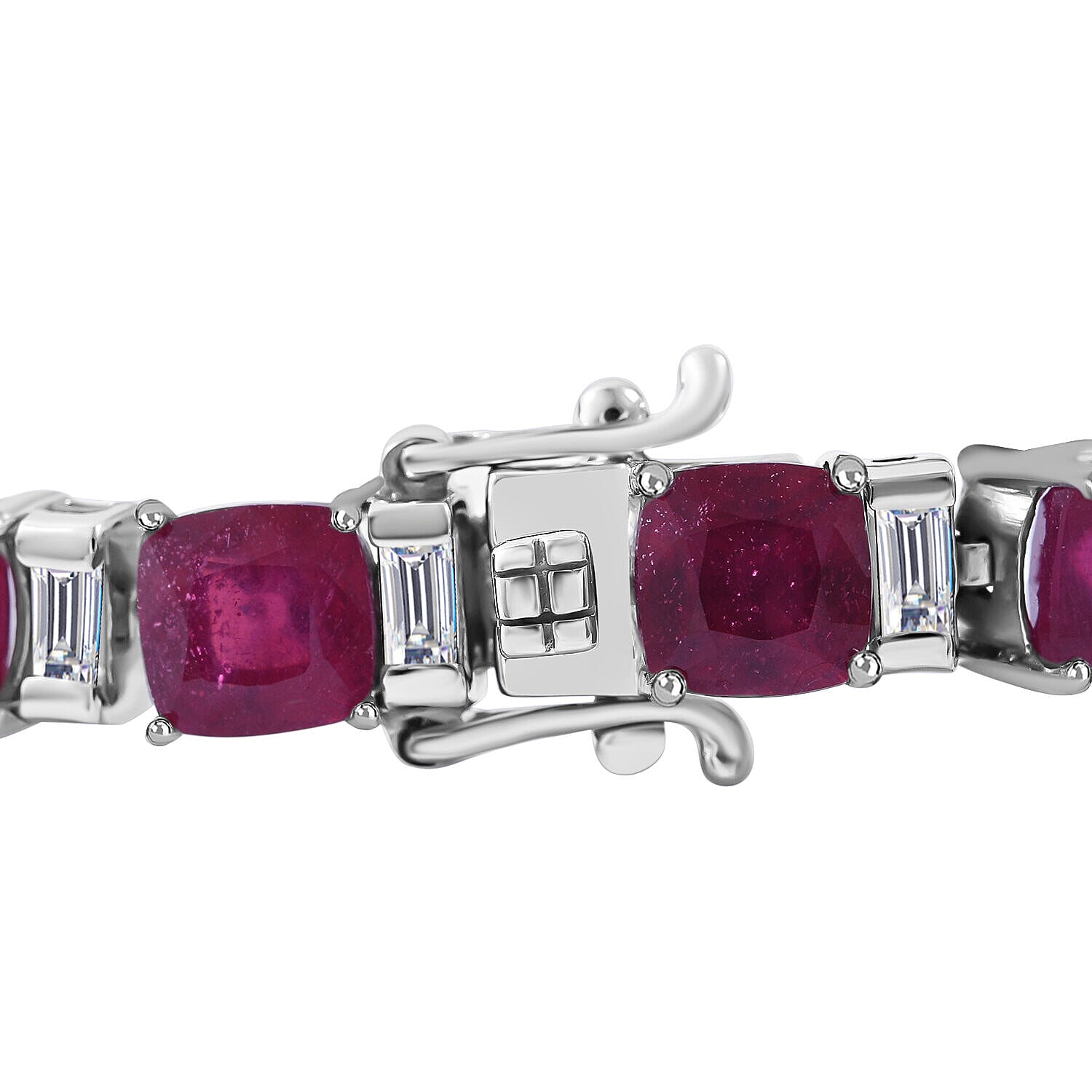 Cabo Delgado Ruby (CS 32.50 Cts) and Natural Zircon Tennis Bracelet (Size - 7.5) in Sterling Silver 36.29 Ct.