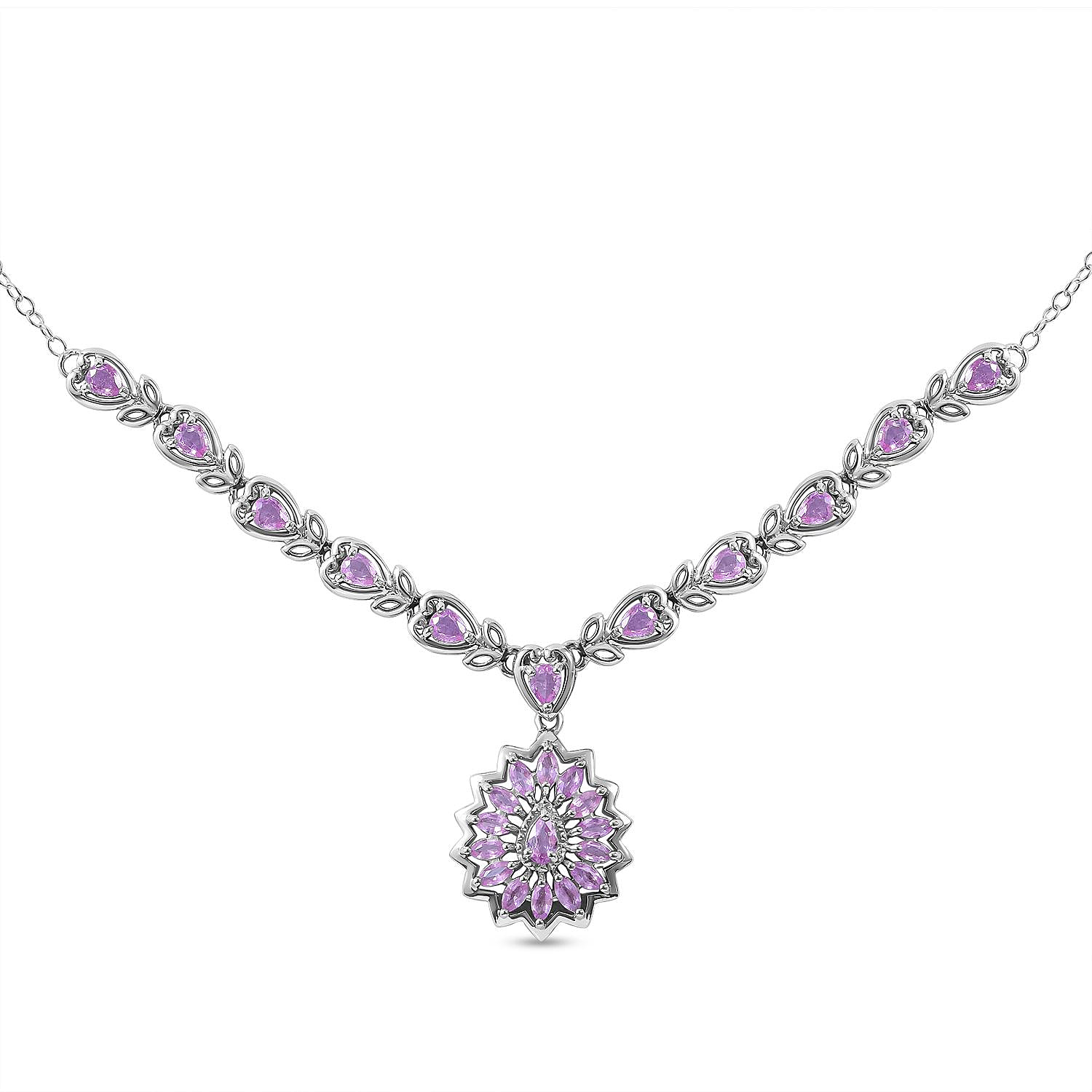 Madagascar Pink Sapphire Necklace (Size - 18-2 Inch Ext.) in Rhodium Overlay Sterling Silver 3.77 Ct, Silver Wt. 10 Gms