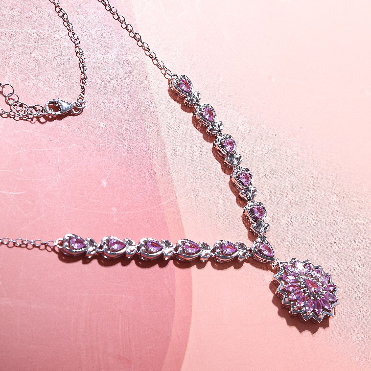 Madagascar Pink Sapphire Necklace (Size - 18-2 Inch Ext.) in Rhodium Overlay Sterling Silver 3.77 Ct, Silver Wt. 10 Gms