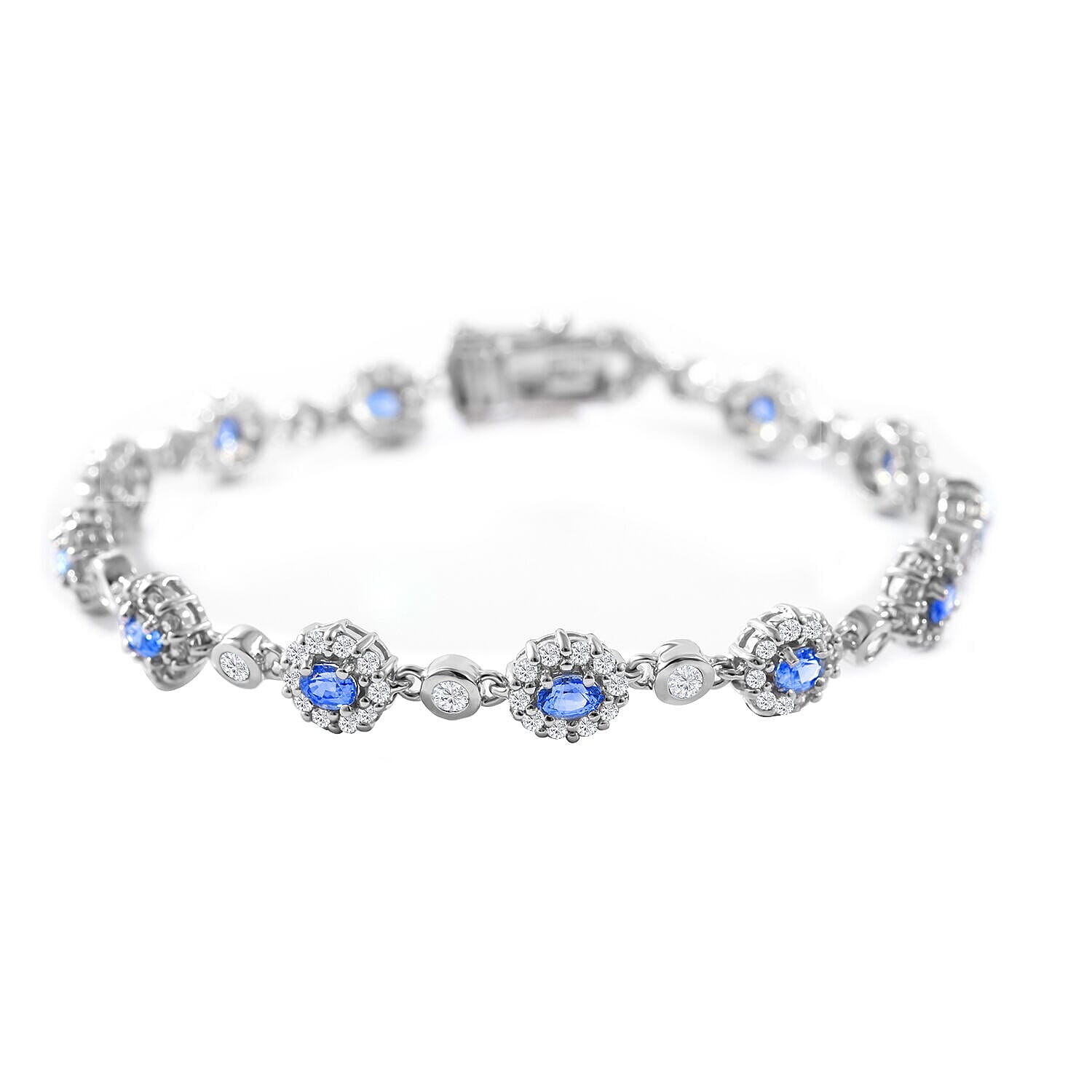 Ceylon Sapphire and Natural Zircon Bracelet (Size - 7) in Rhodium Overlay Sterling Silver 7.46 Ct, Silver Wt. 10.00 Gms