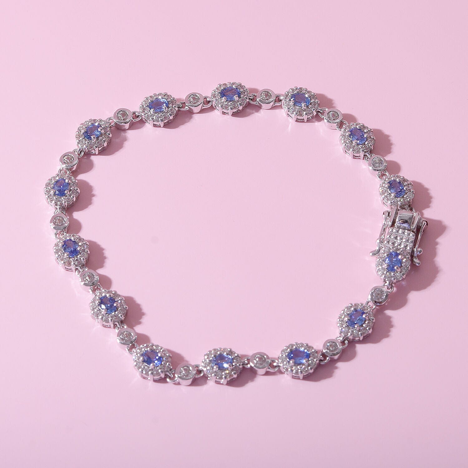 Ceylon Sapphire and Natural Zircon Bracelet (Size - 7) in Rhodium Overlay Sterling Silver 7.46 Ct, Silver Wt. 10.00 Gms