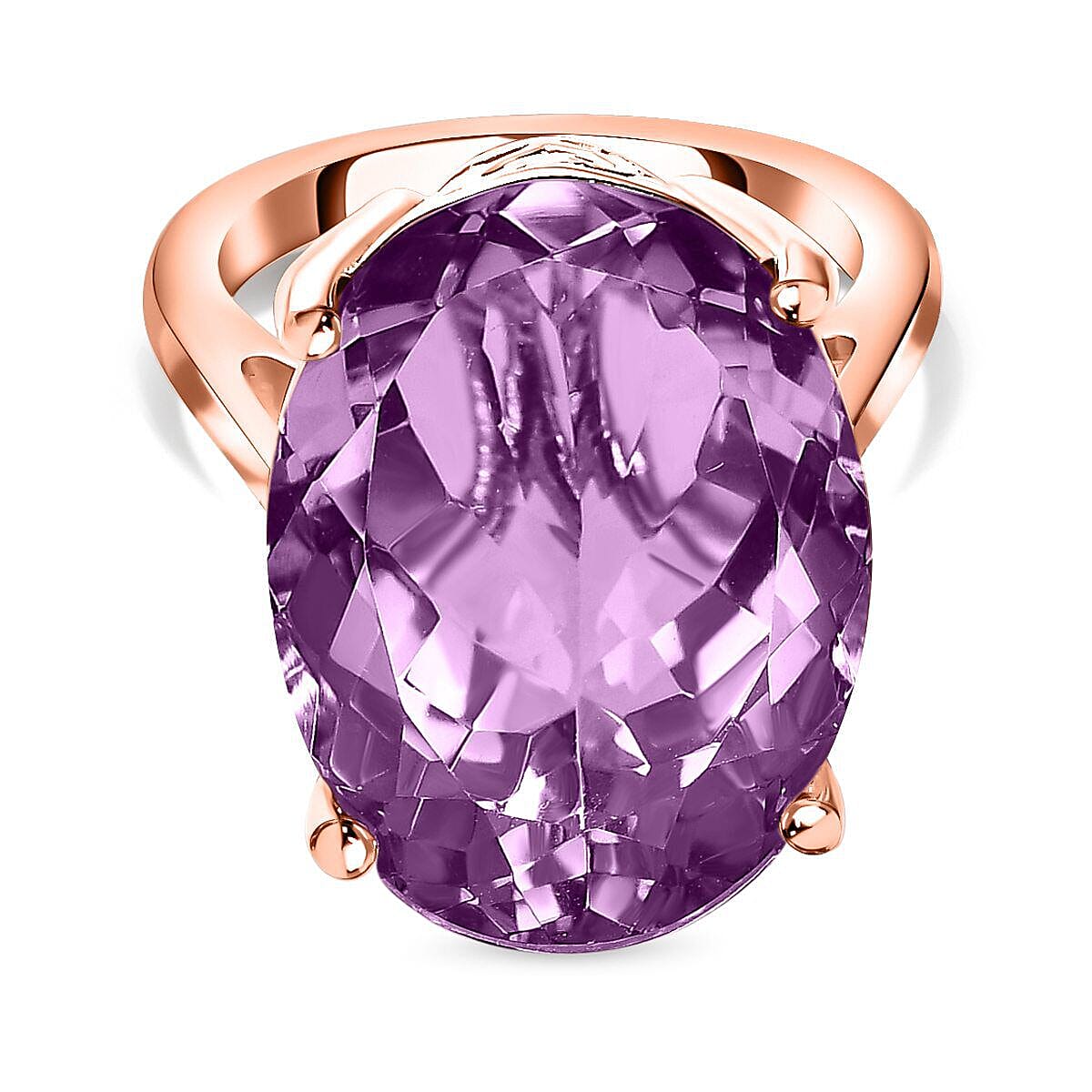 Rose De France Amethyst Solitaire Ring in 18K Vermeil RG Overlay Sterling Silver 15.00 Ct Silver Wt. 5 Gms