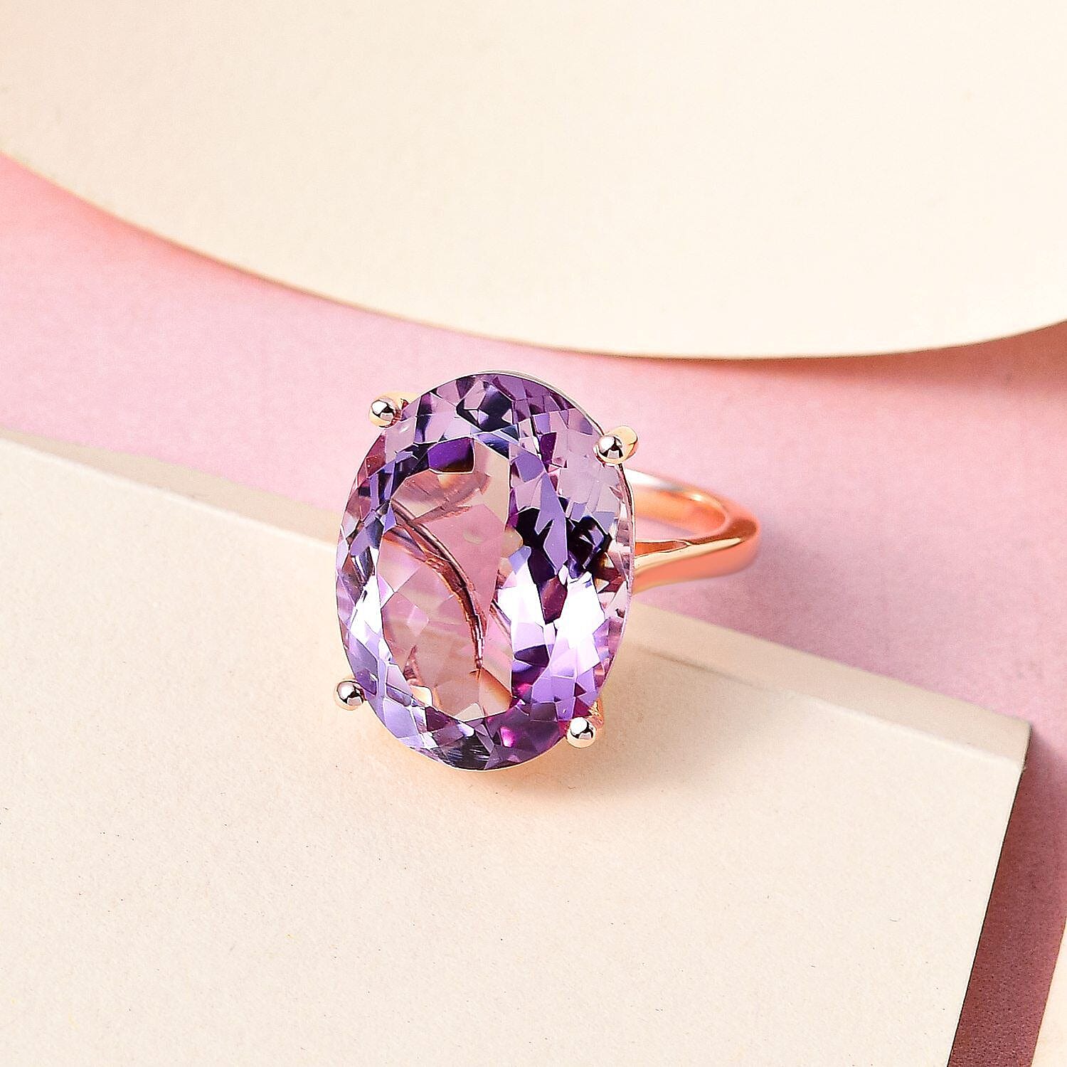 Rose De France Amethyst Solitaire Ring in 18K Vermeil Rose Gold Overlay Sterling Silver 15.00 Ct, Silver Wt. 5.00 Gms