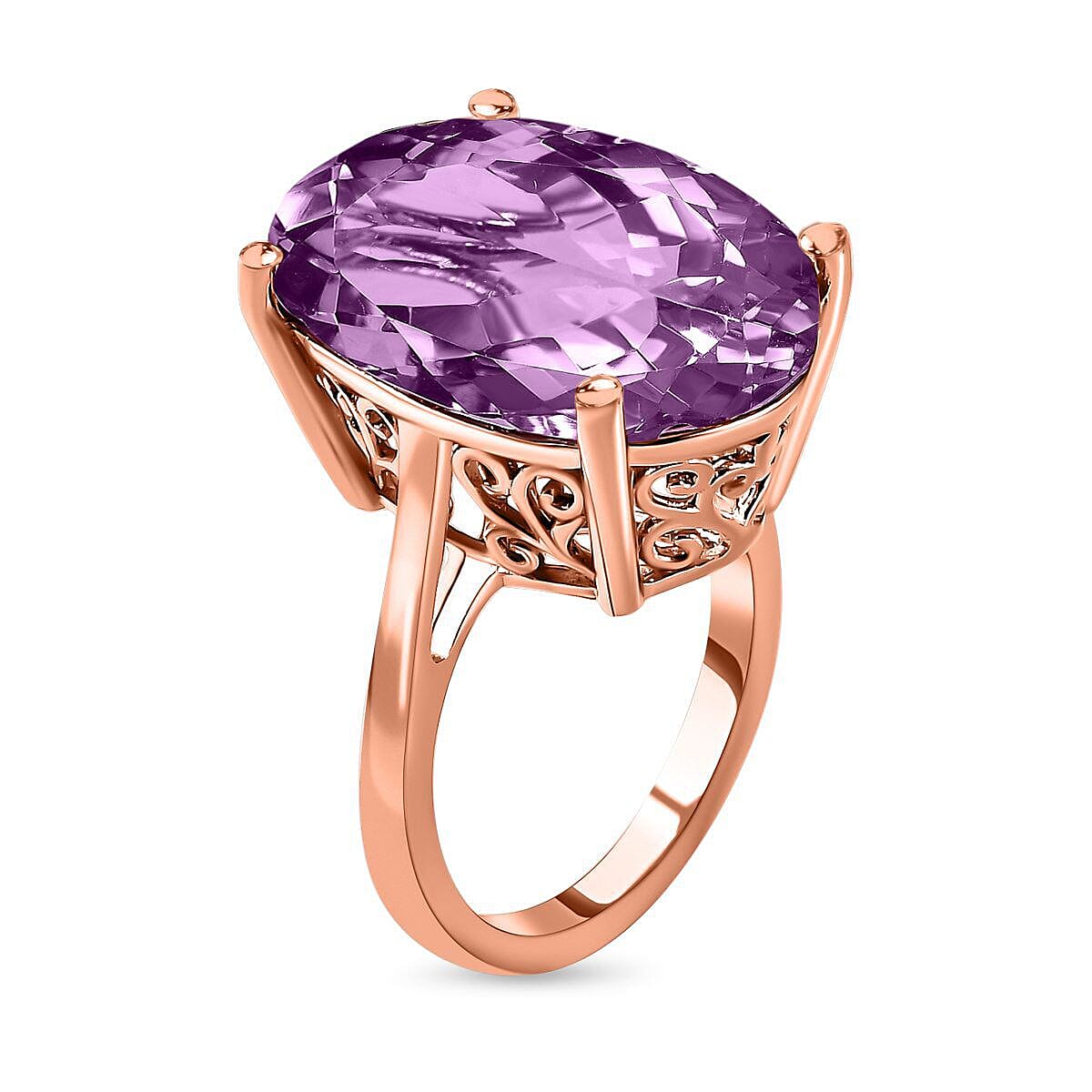 Rose De France Amethyst Solitaire Ring in 18K Vermeil Rose Gold Overlay Sterling Silver 15.00 Ct, Silver Wt. 5.00 Gms