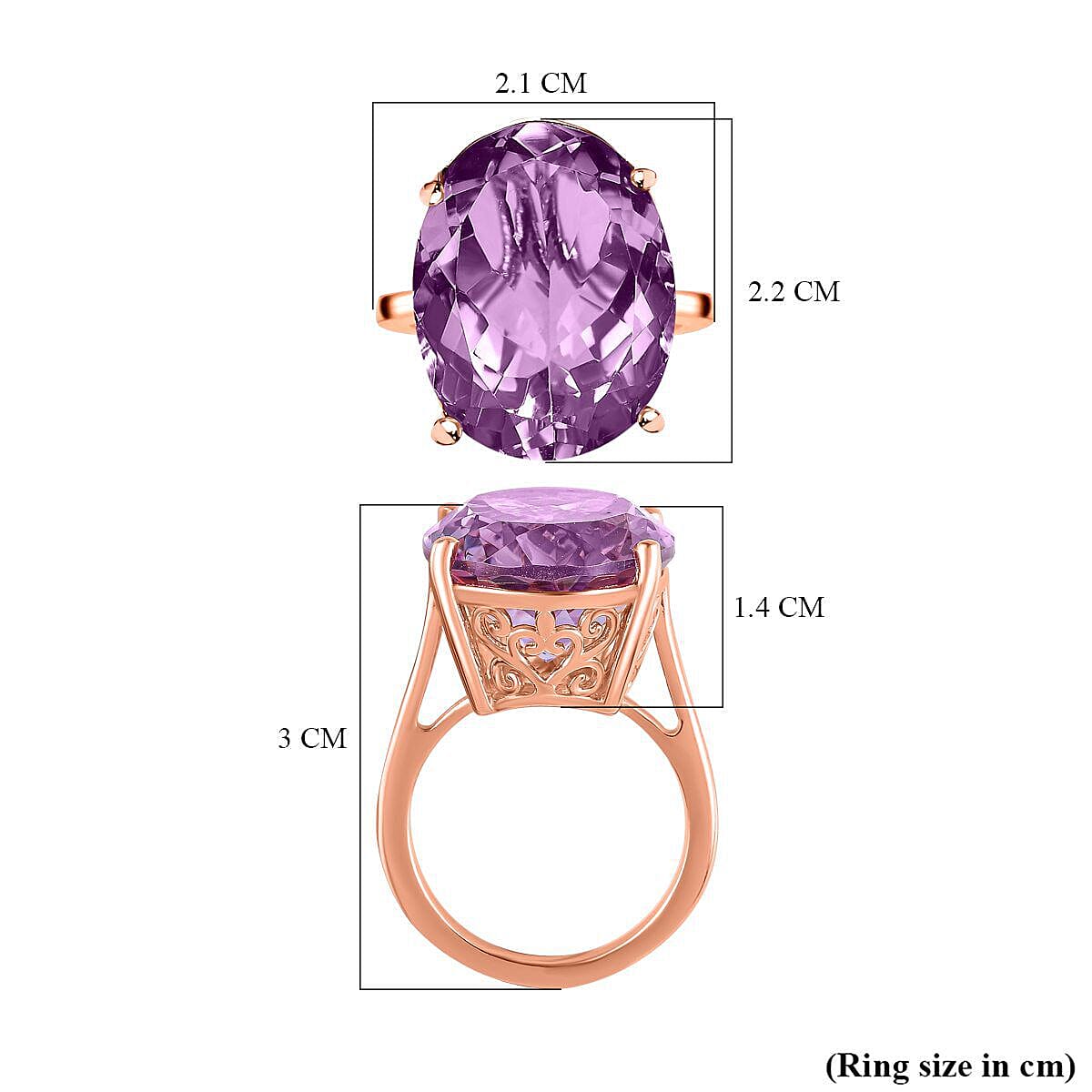 Rose De France Amethyst Solitaire Ring in 18K Vermeil Rose Gold Overlay Sterling Silver 15.00 Ct, Silver Wt. 5.00 Gms