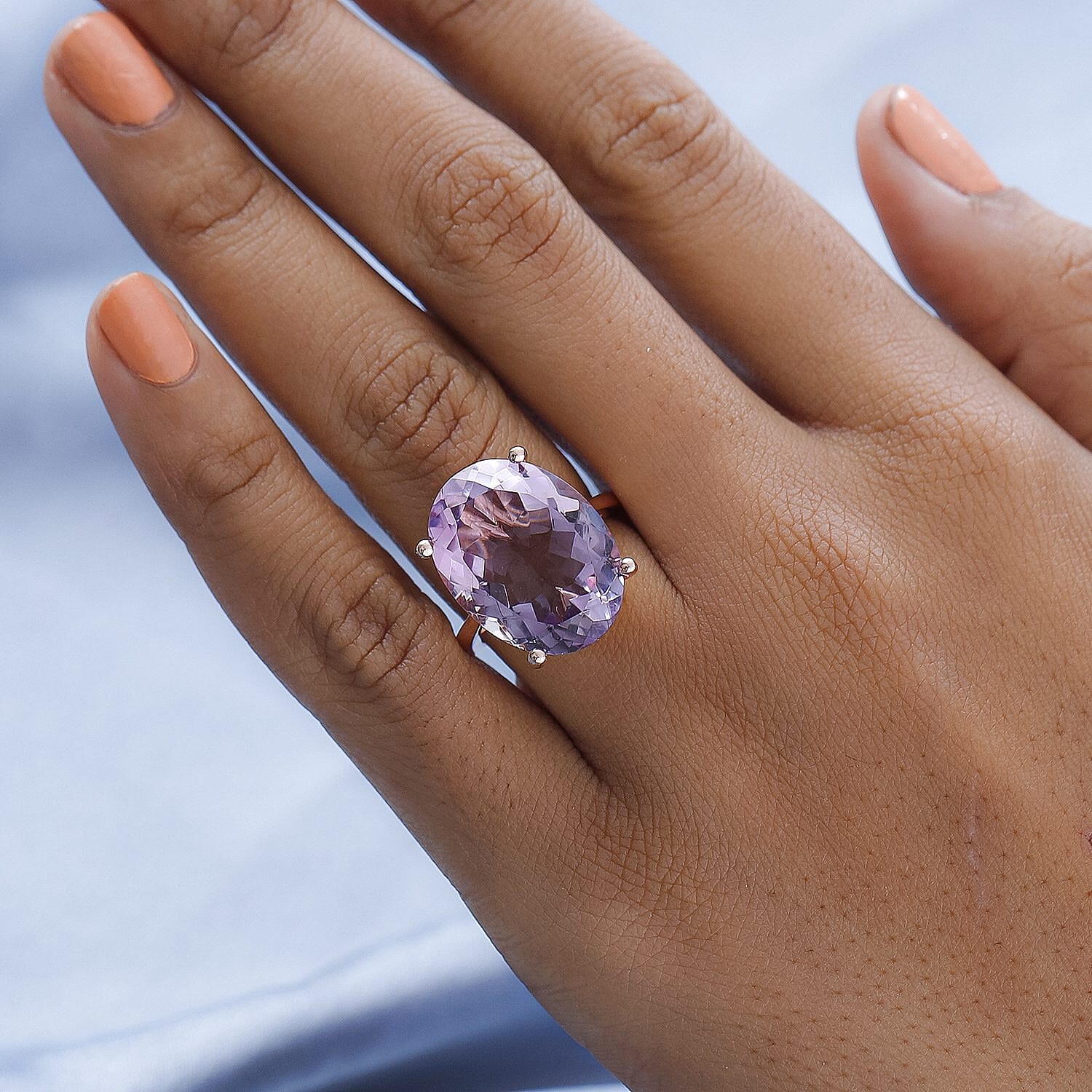 Rose De France Amethyst Solitaire Ring in 18K Vermeil Rose Gold Overlay Sterling Silver 15.00 Ct, Silver Wt. 5.00 Gms