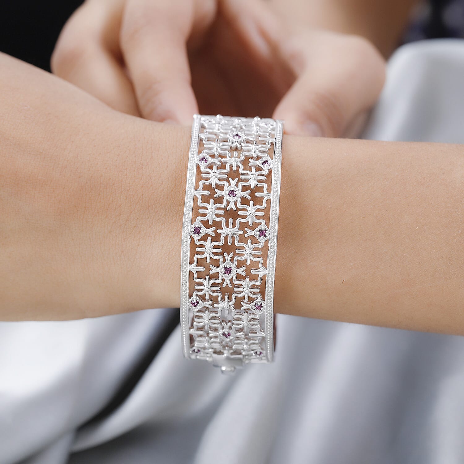 Amethyst Colour Austrian Crystal Hinged Bangle (Size 7.5)