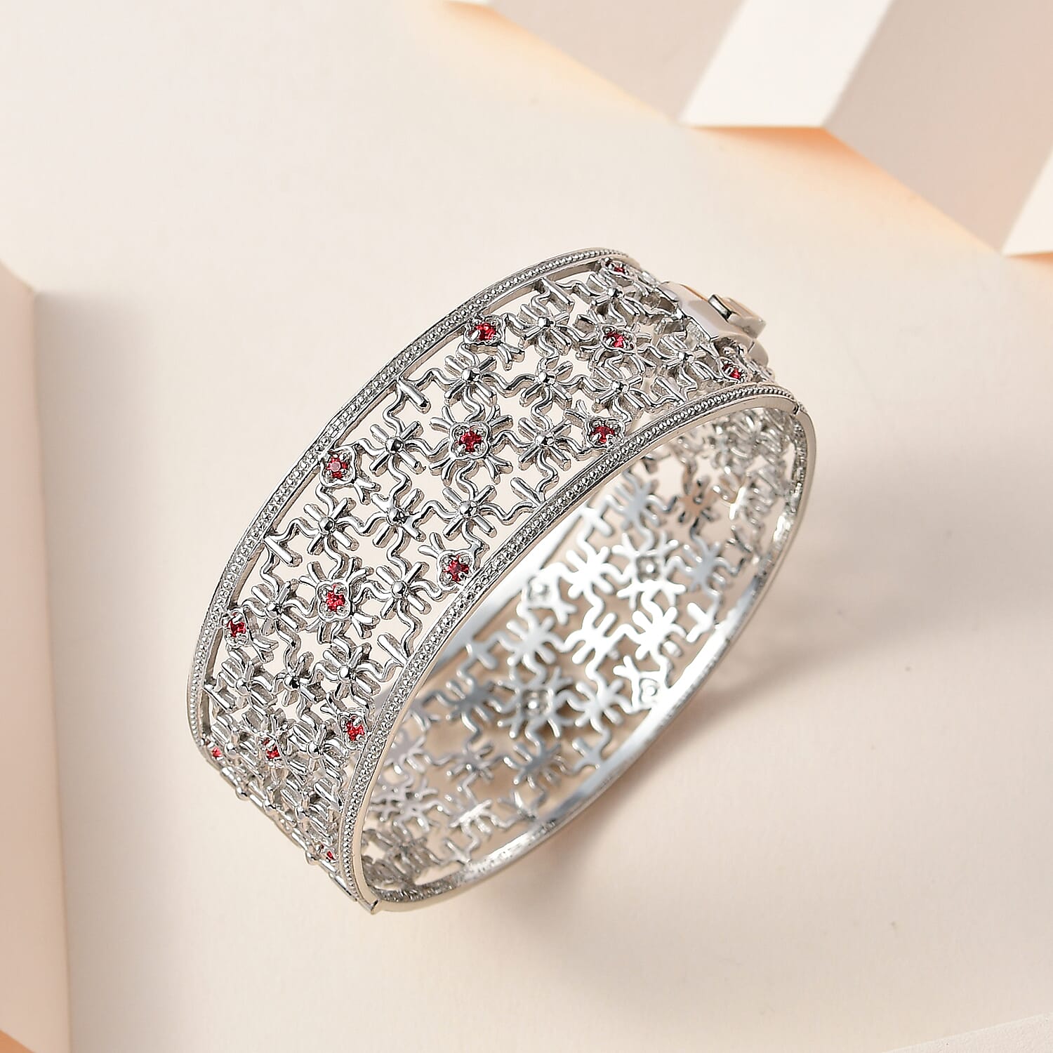 Pink Sapphire Colour Austrian Crystal Bangle (Size 7.5), Silver Wt. 38.03 Gms